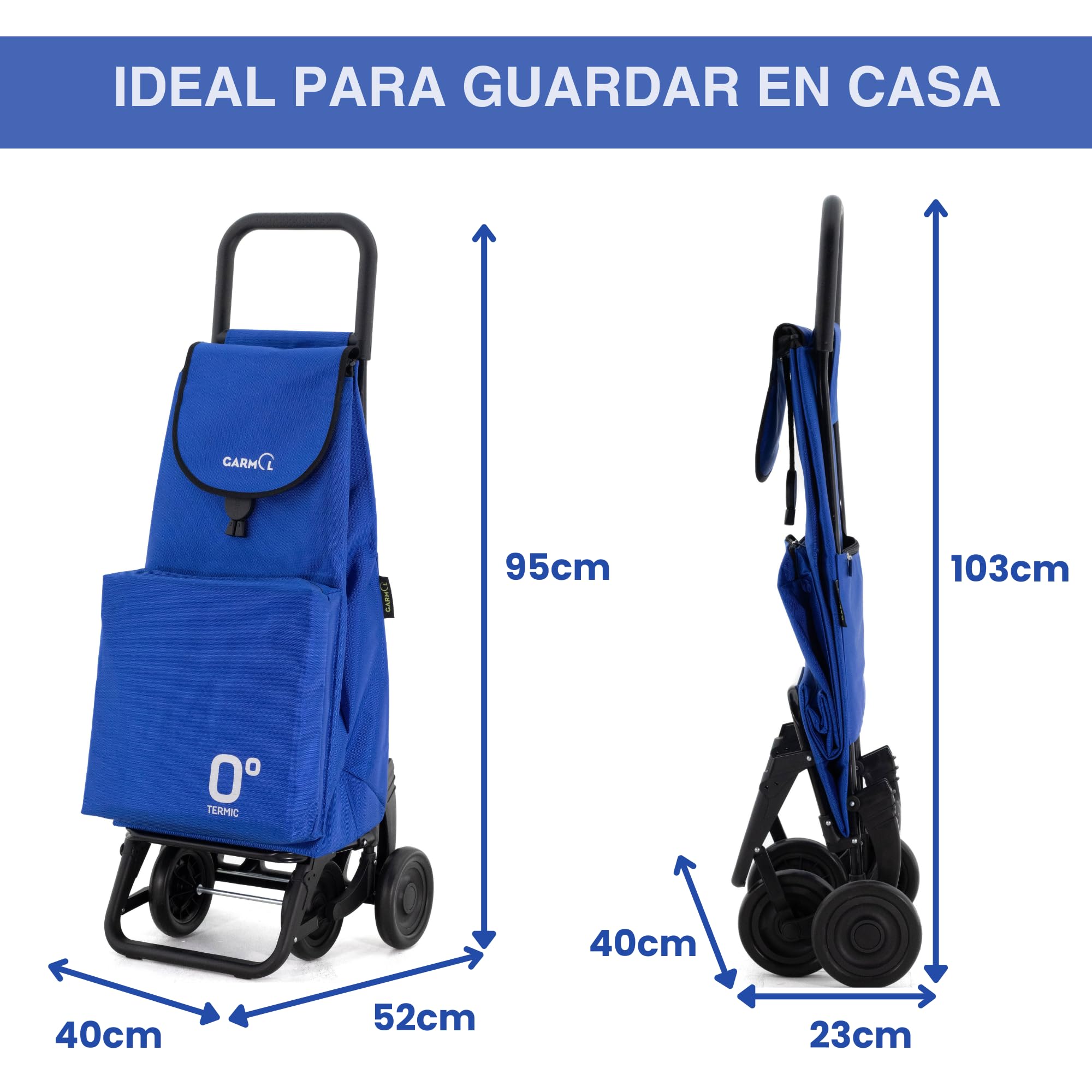 GARMOL Carro de la Compra Térmico Plegable 55 Litros |Bolsillo Térmico Interior de 11 Litros | Carro de la Compra 4 Ruedas Gran Capacidad | Carrito Compra Plegable Color Azul