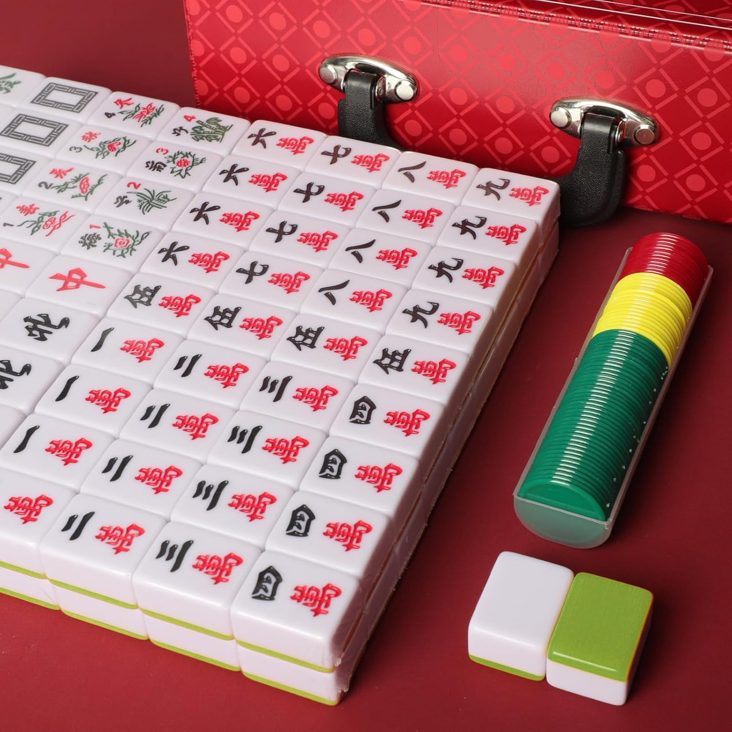 Chinese Mahjong Set, Large Mahjong Tiles Set with 144 Green Back Color Tiles, Red Case, Chinese Mahjong Game Set (Majiang, 麻將)