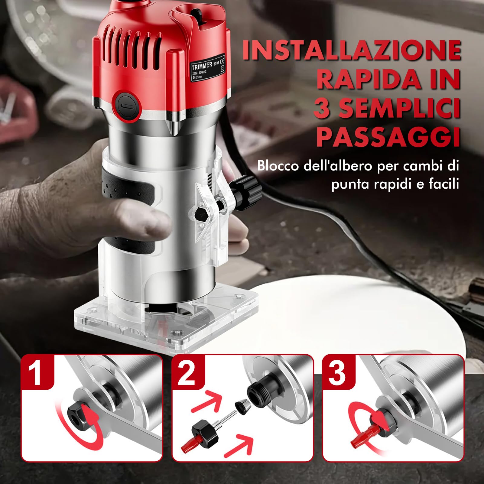 Fresa Elettrica per Legno 800W, Fresatrice Manuale 30000 Giri/min con Guida a Rullo e Guida Lineare, Rifilatore per Legno con Pinza 6,35mm, Fresa per Scanalature Bordi Profili e Incisioni