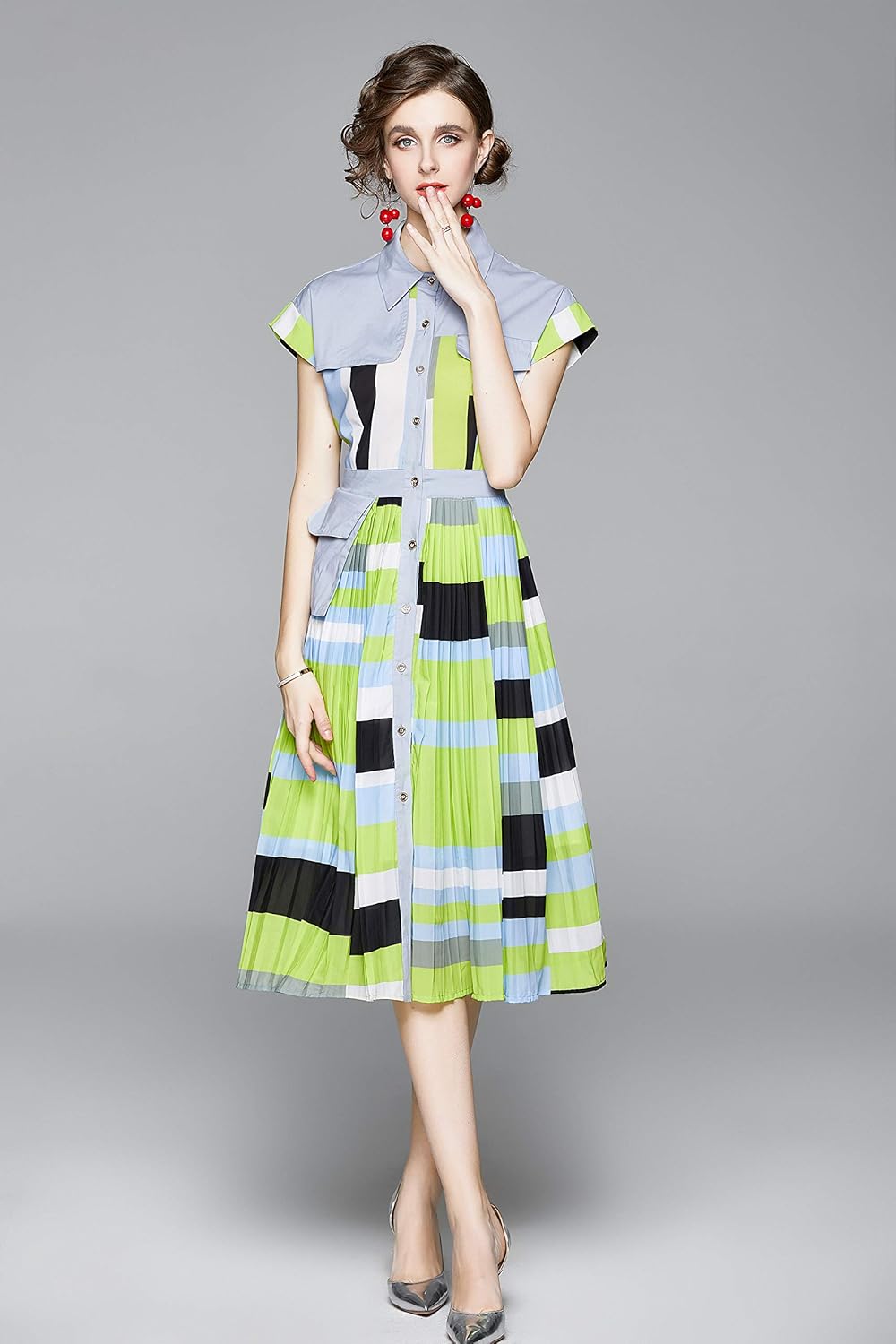 LAI MENG FIVE CATS Women's Short Sleeves Collar Shirt Printed Buttons Casual Midi Dress with Belt - Image 3