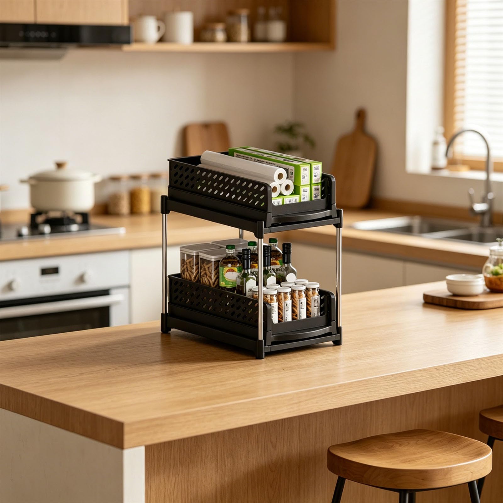 Organisateur de Cuisine à tiroirs à 2 Niveaux pour Armoire, étagère à Espace étroit avec grilles inférieures pour Le Flux d ' air, Organisateur de tiroir Coulissant