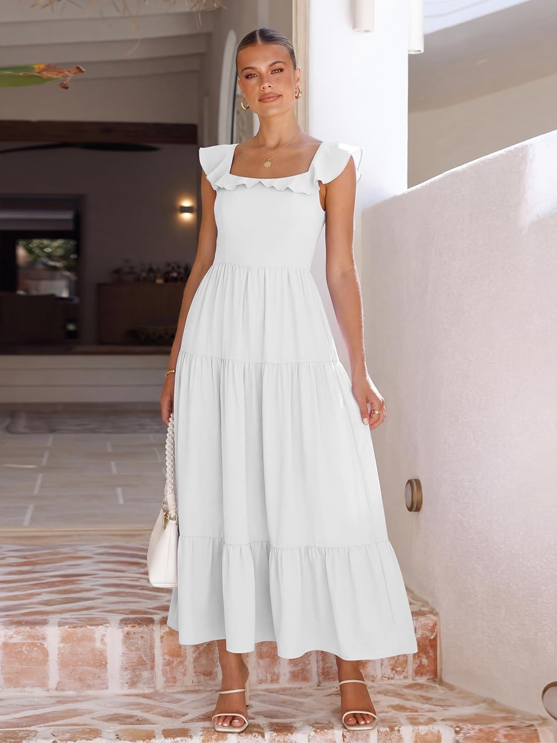 Women's Summer Sleeveless Ruffle Dresses 2026 Square Neck Smocked Backless Boho Flowy Beach A-Line Maxi Sundress