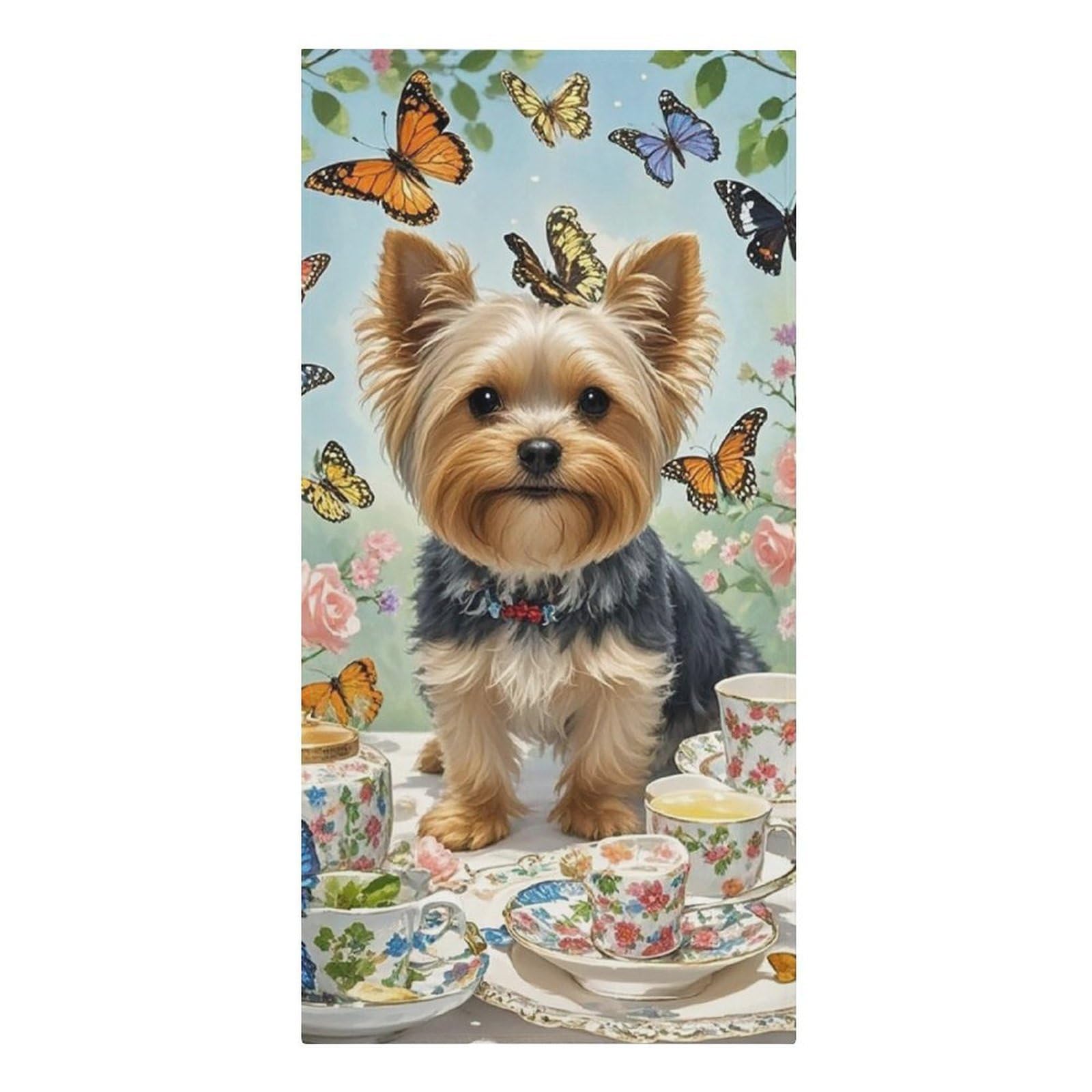 Fodpand Girls Style Lightweight Microfiber Large Overszed Yorkshire Terrier Tea Party Butterflies Roses Beach Towel 30.3X61.4 In Sand Blanket Travel, Swim, Bathroom, Women Adults Gift Soft Big Pool Swim Towels