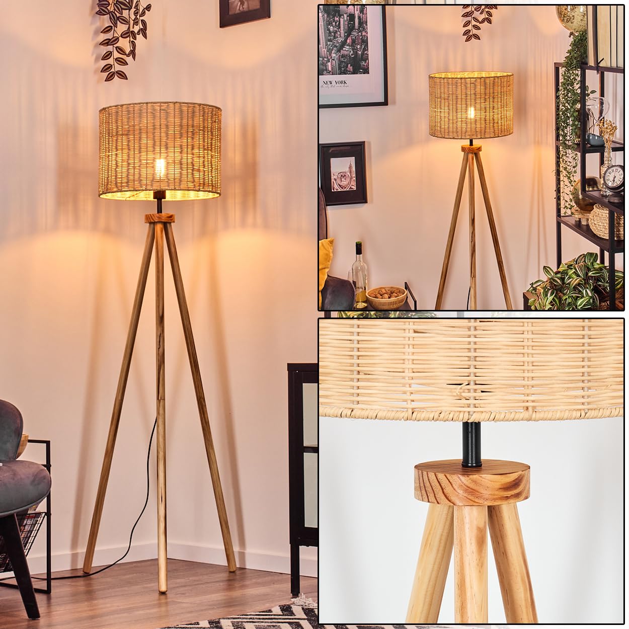 HOFSTEIN Stehleuchte Cavaca, Stehlampe mit Holzfuß und Schirm aus Rattan, E27, skandinavisches Design, Boho-Style, Höhe 153cm, Ø 40cm, Fußschalter - Wohnzimmer, Schlafzimmer, Esszimmer, Flur, Büro