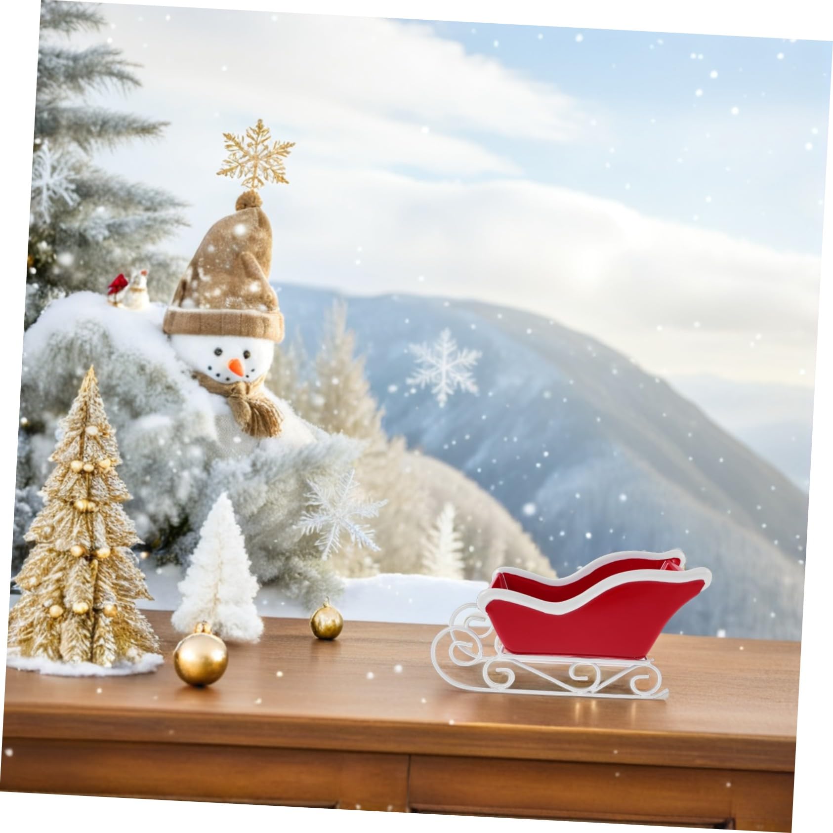 Miniatura Navideño con Base Roja Adorno Festivo para Decoración de Mesa Hogar y Oficina Centro de Mesa Navideño para Acogedor