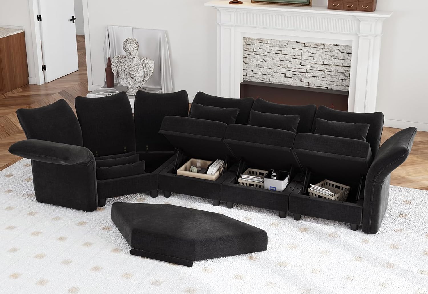 LLappuil L Shape Corner Sectional Sofa with 4-seat, Adjustable Armrest Backrest, Luxury Chenille Modular Sofa for Apartment, Black