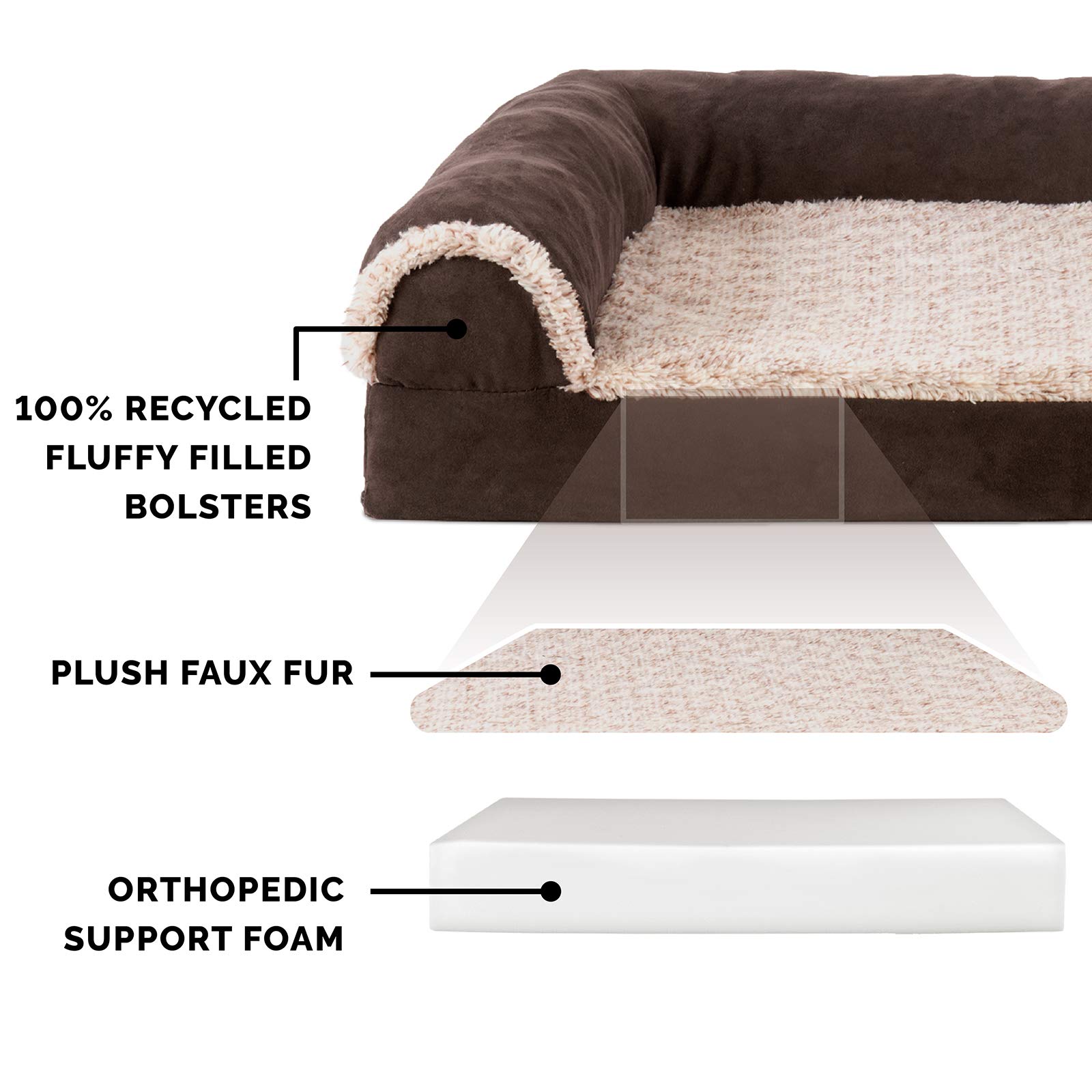 Furhaven Orthopedic Pet Bed for Dogs and Cats - L Chaise Sofa Two-Tone Plush Fur and Suede Couch Dog Bed with Removable Washable Cover, Espresso, Jumbo Plus (XX-Large)
