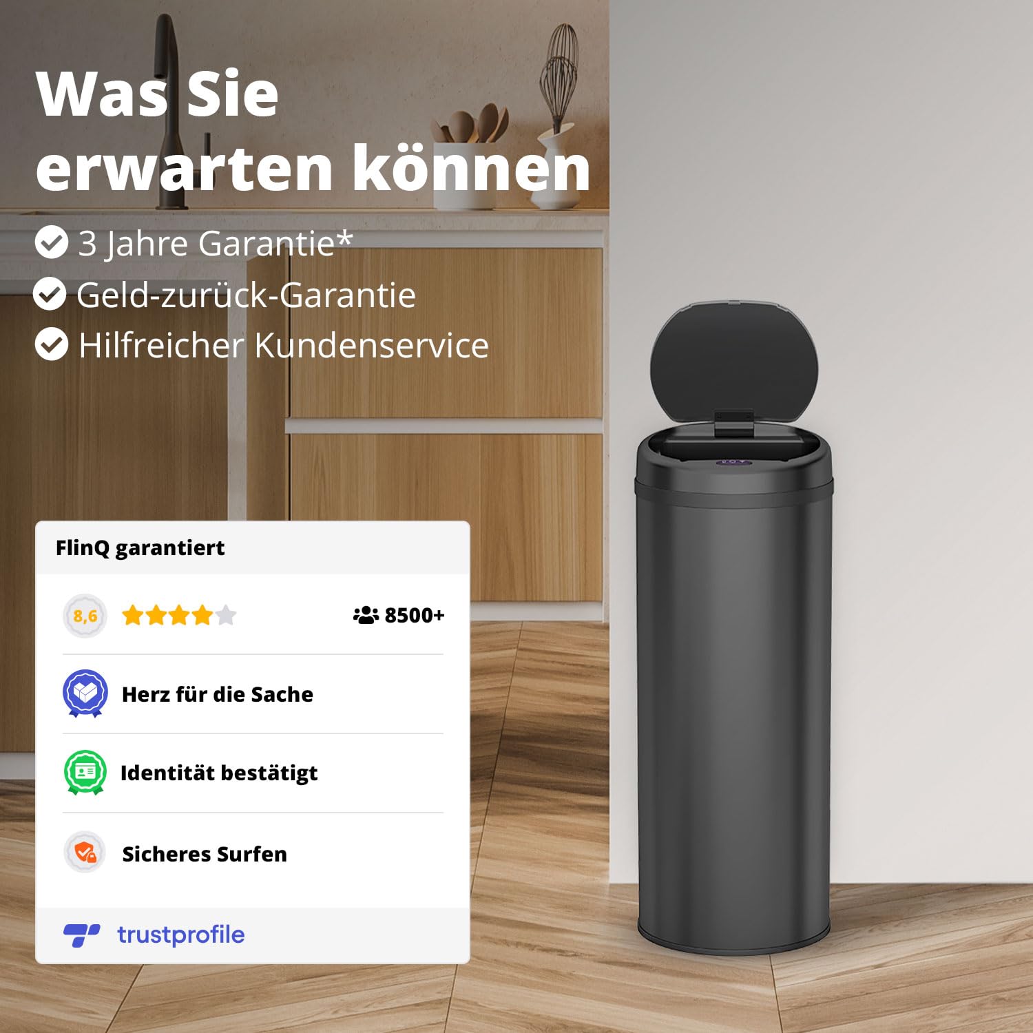 FLINQ PEAK 50L Smart Sensor Mülleimer - Schwarz | Automatischer Kuche Mülleimer mit Sensor - Moderner Abfalleimer - Küchenmülleimer Groß