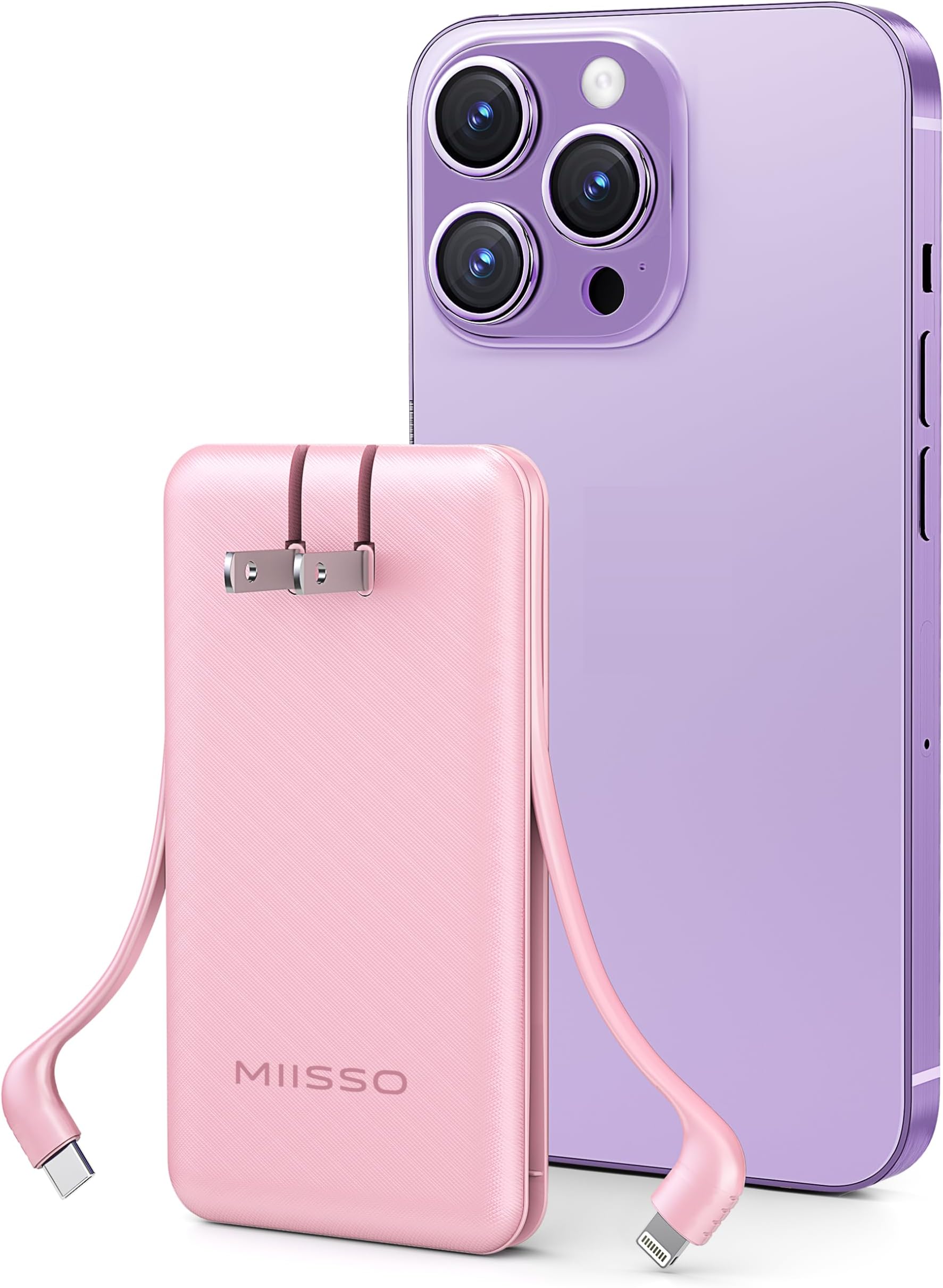 - miisso Ultra Slim 10000mAh Power Bank Built-in Cables and Foldable AC Wall Plug, Pocket Size USB C Portable Charger, External Battery Pack Compatible with iPhone Samsung, Pink