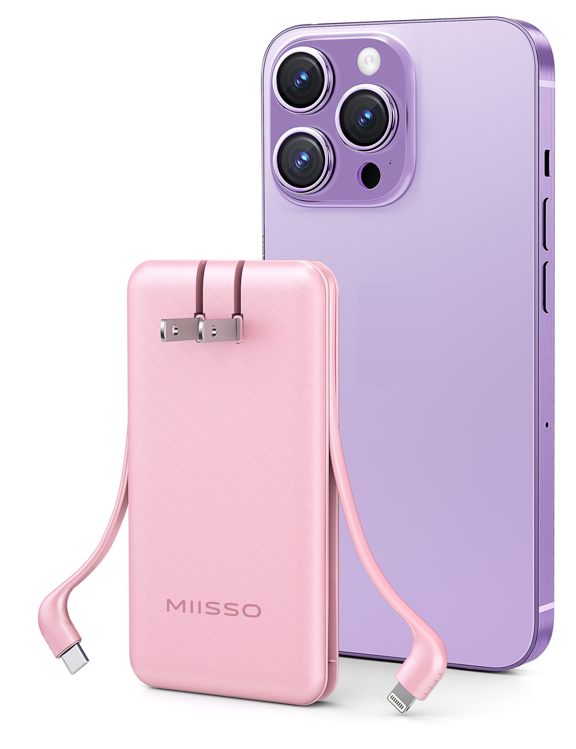 Ultra Slim 10000mAh Power Bank Built-in Cables and Foldable AC Wall Plug, Pocket Size USB C Portable Charger, External Battery Pack Compatible with iPhone Samsung iPad etc, Pink