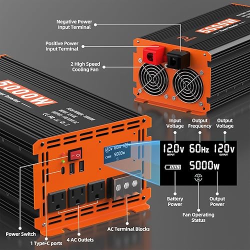 Miniatura 3 de Inversor de Potencia de 5000W Convertidor de 12V DC a 110V120V AC para RVCamiónBarcoCampingSolar Fuera de la Red Inversor de Potencia para Automóvil