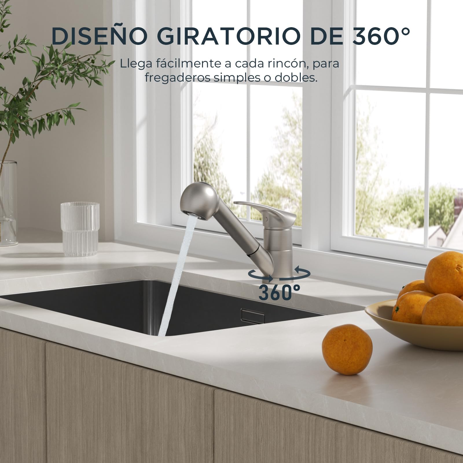 FORIOUS Grifo Cocina, Grifos Cocina Fregadero, Acero Inoxidable, Mezclador Torneira Cozinha Monomando Giratorio 360° Para un Orificio