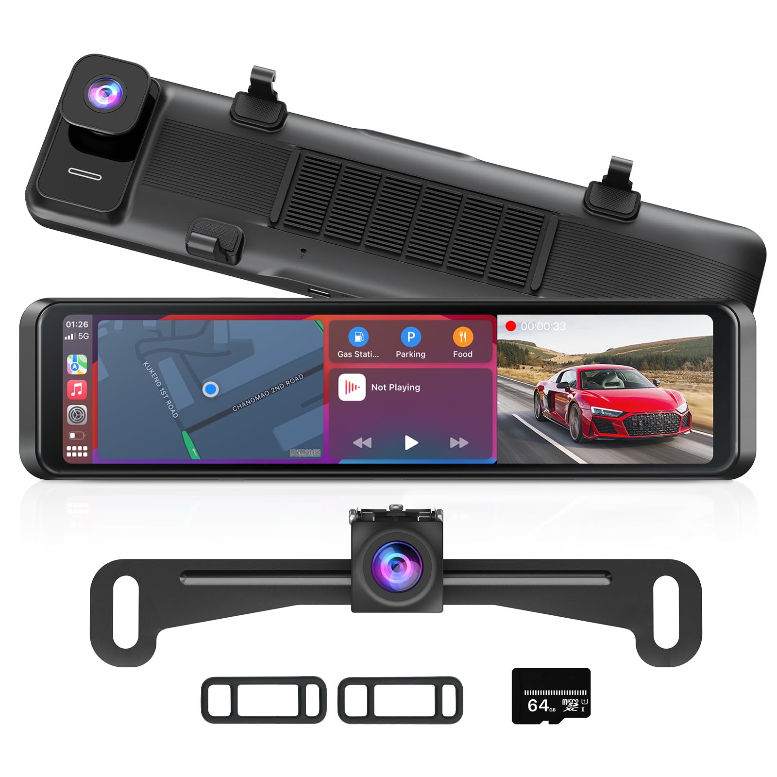 4K Rear View Mirror Camera with Carplay & Android Auto: 11.26" Smart Touch Screen Mirror Dash Cam Front and Rear with Voice Control, Parking Monitor, Reverse Assist for Car Truck SUV Van (64GB Card)