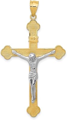 14k Real Gold Crucifix Pendant for Men and Women Two Tone Budded Cross with INRI and Detailed Jesus Figure Spiritual Christian Jewelry Faith Necklace Religious Charm Fine Heirloom Accessory
