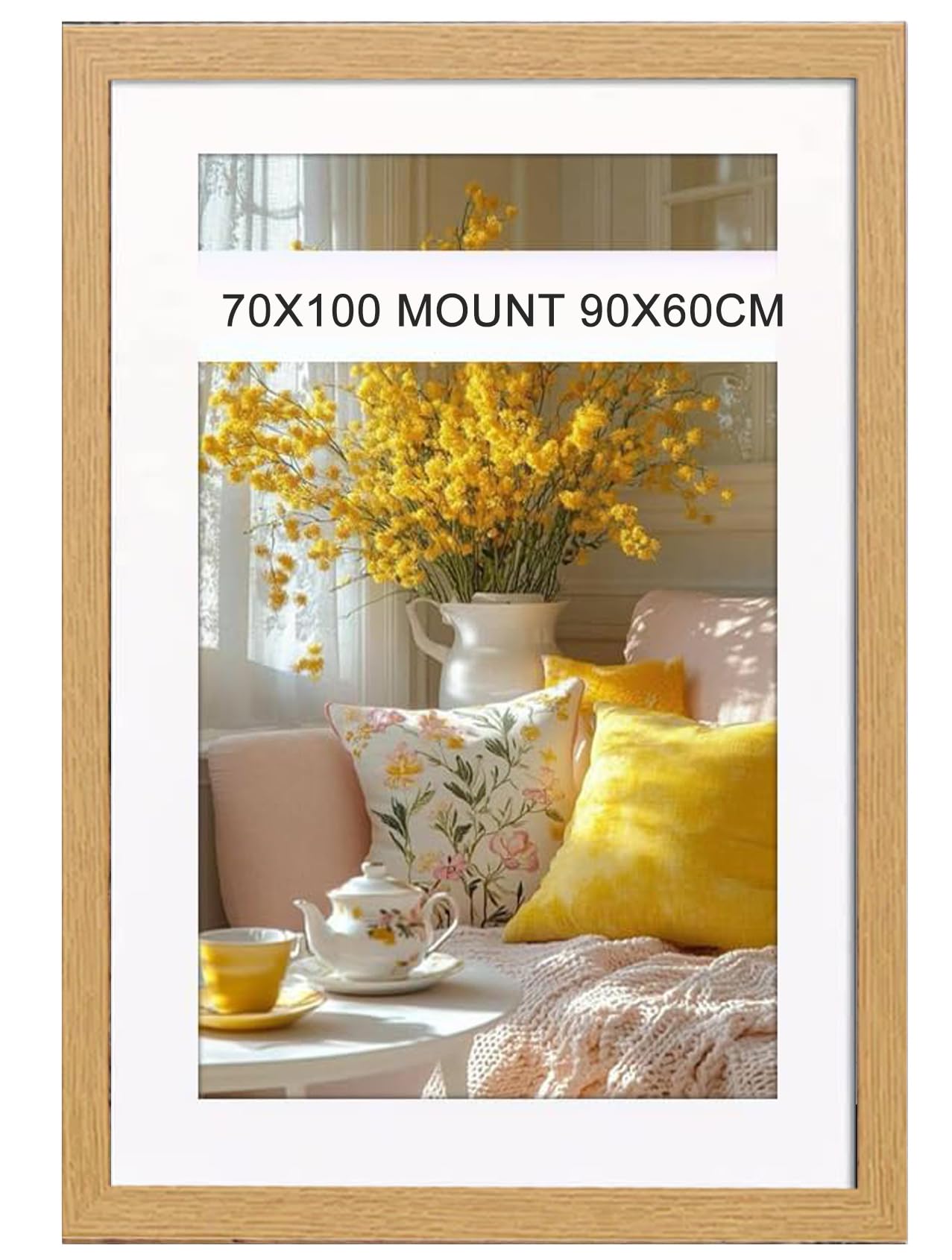 Flat Modern Oak 70x100 Poster Frame With White Mount 90x60cm Shatter-Proof Acrylic Portrait & Landscape Wall Hanging Picture Frame