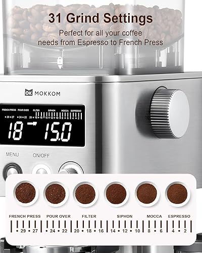 Miniatura 5 de MOKKOM Molinillo de café, molinillo de grano de café cónica antiestática, molinillo de rebabas eléctrico ajustable con 31 ajustes precisos para café
