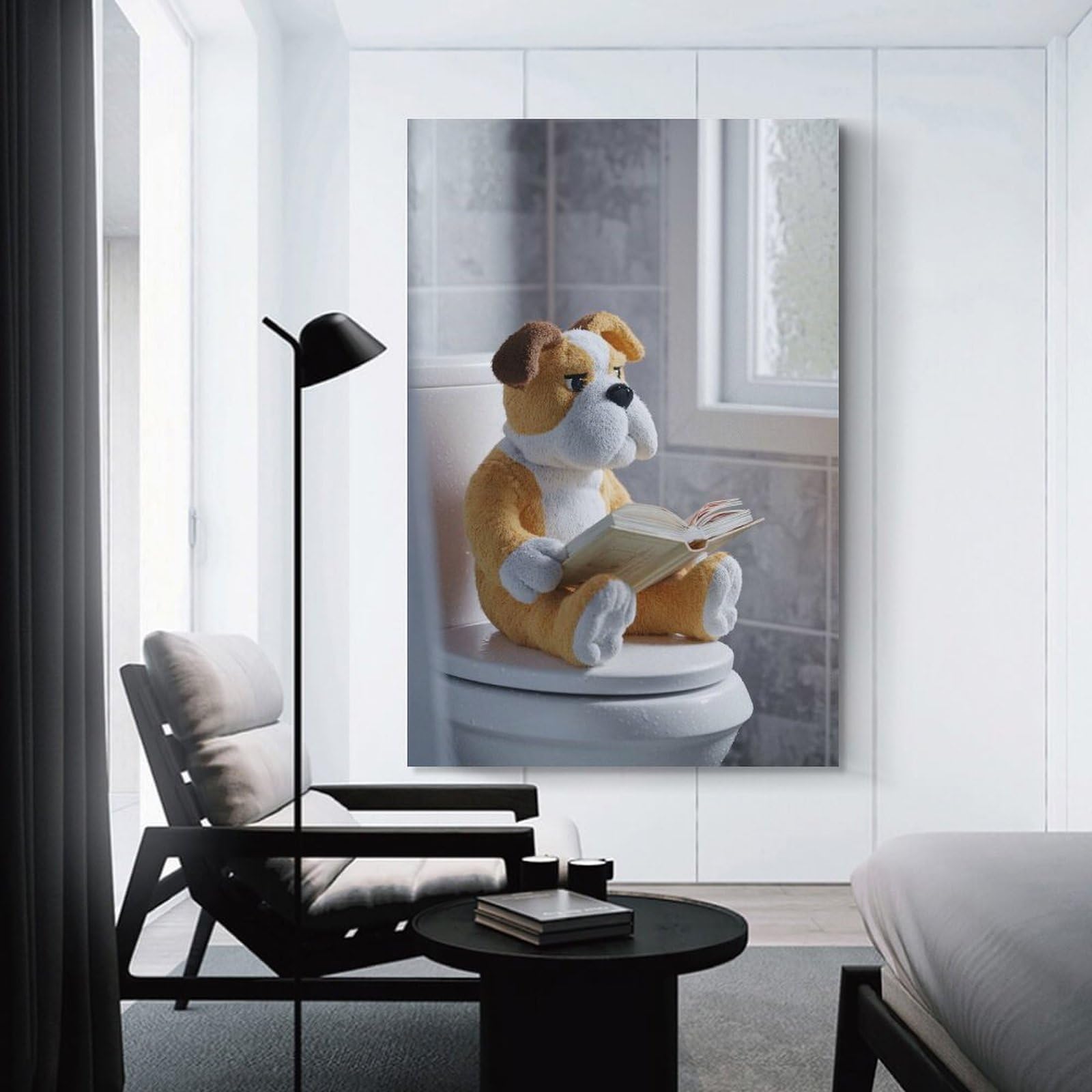 Junmoney Unframe-Style-12 Stuffed Bulldog Reading On Toilet Canvas Art Print 24X36inch(60X90cm), For New Homes, Bedrooms Or Workspaces, Gift Idea For Housewarming And Birthdays