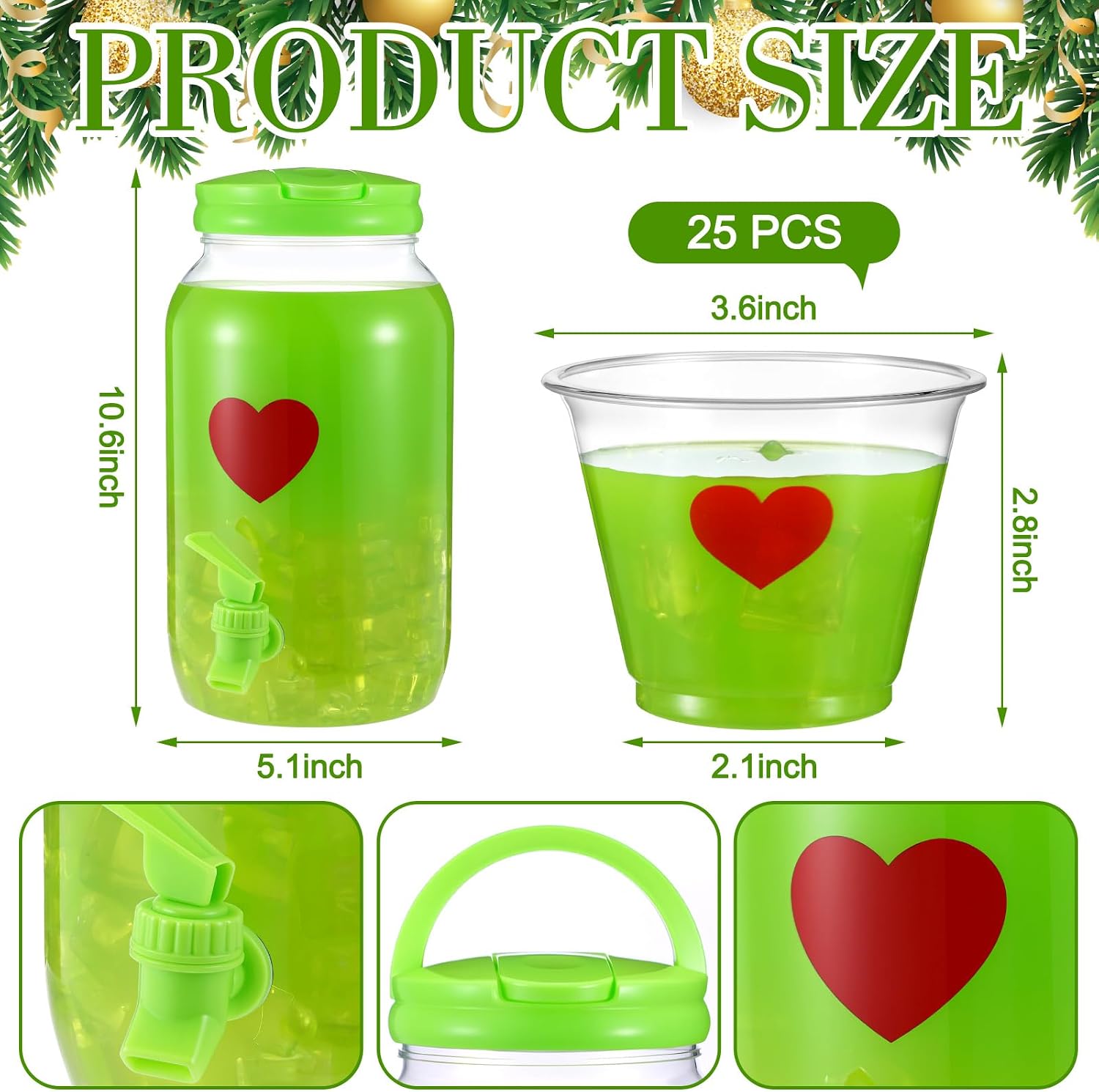 Potchen 1 Gallon Christmas Drink Dispenser & 25 Red Heart Cups for Punch