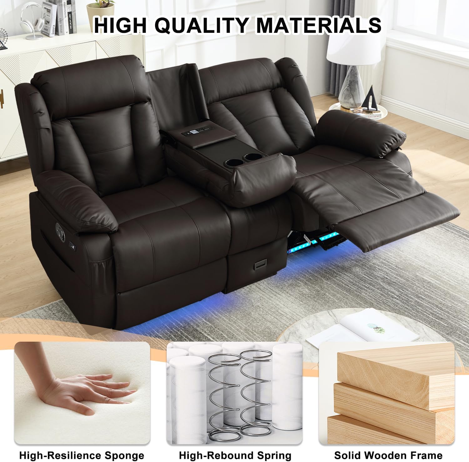 Loveseat Recliner Sofa, RV Recliner Couch, Manual Reclining Loveseat with Console for Living Room, Home Theater Seating with AC/USB C/USB LED Light Drawer (Brown, Loveseat with Console)