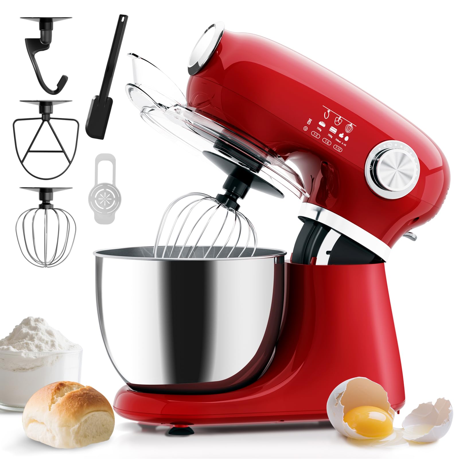 Electactic Stand Mixer With 12 Speed,5.3 Quart Electric Mixer With Tilt Head, Kitchen Mixer for Daily Use with Egg Whisk,Dough Hook,Flat Beater, RED