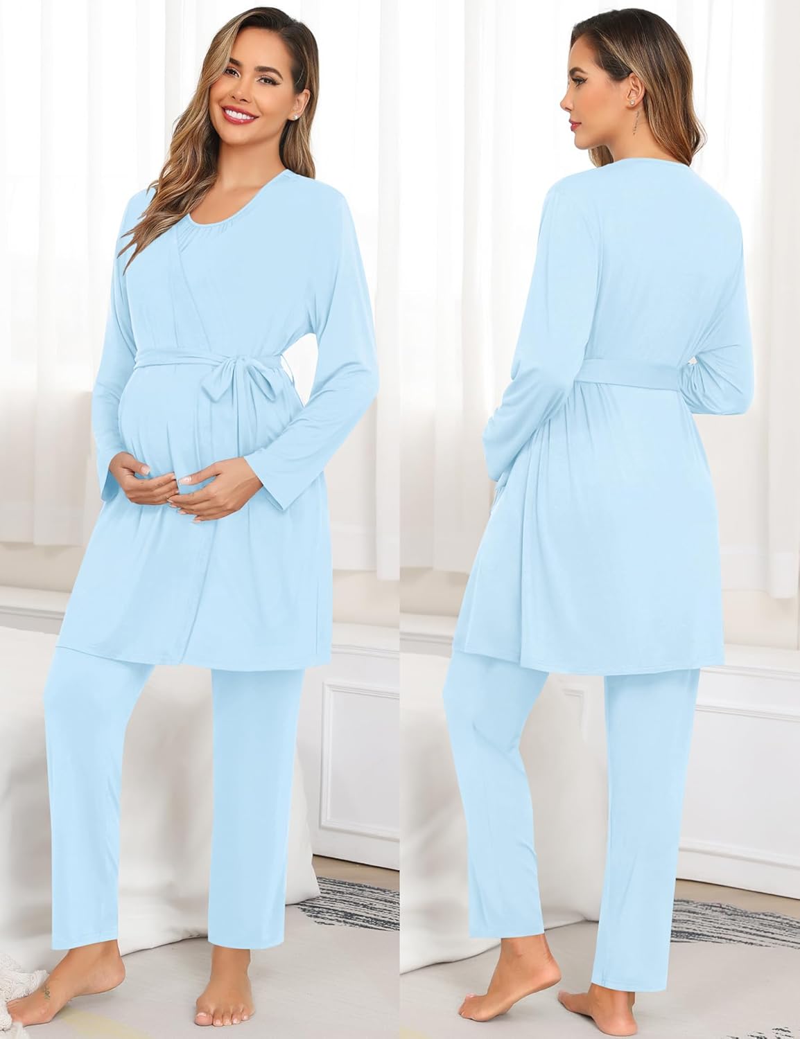 SWOMOG 3pcs Maternity Nursing Robe Set Labor Delivery Double Layer Pajamas Set Postpartum Breastfeeding PJS, S-XXL - Image 4