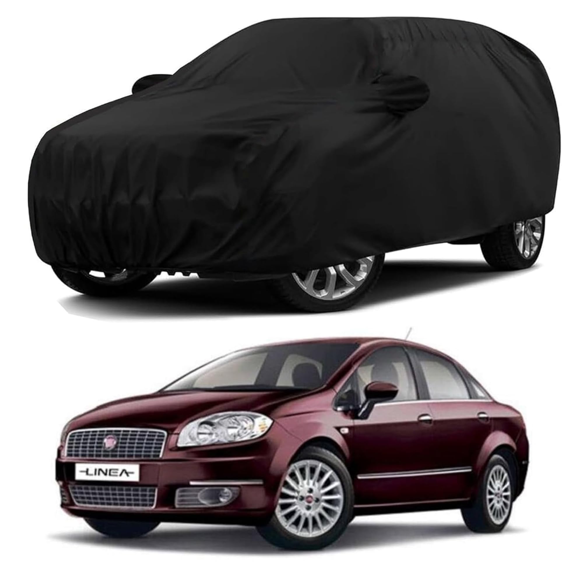 Sulfar 100% Water Resistant Car Body Cover Compatible with Mirror for Fiat Linea Classic (Triple Stitched, Full Bottom Elastic, Black)