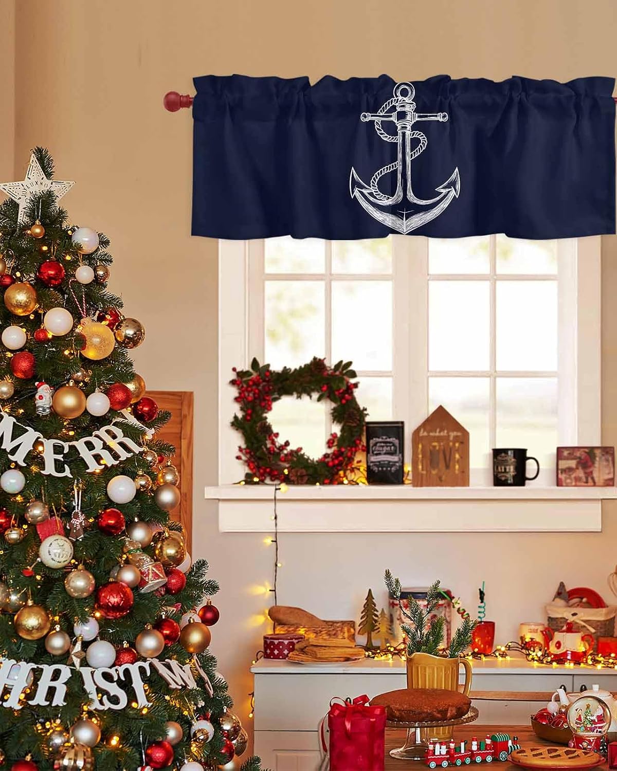 Savannan Window Curtains Valances, Nautical Knot Anchor Illustration Minimalist Art Dark Blue Rod Pocket Cafe Valance Short Curtains for Kitchen, Bedroom, Living Room, 1 Panel, 54X18