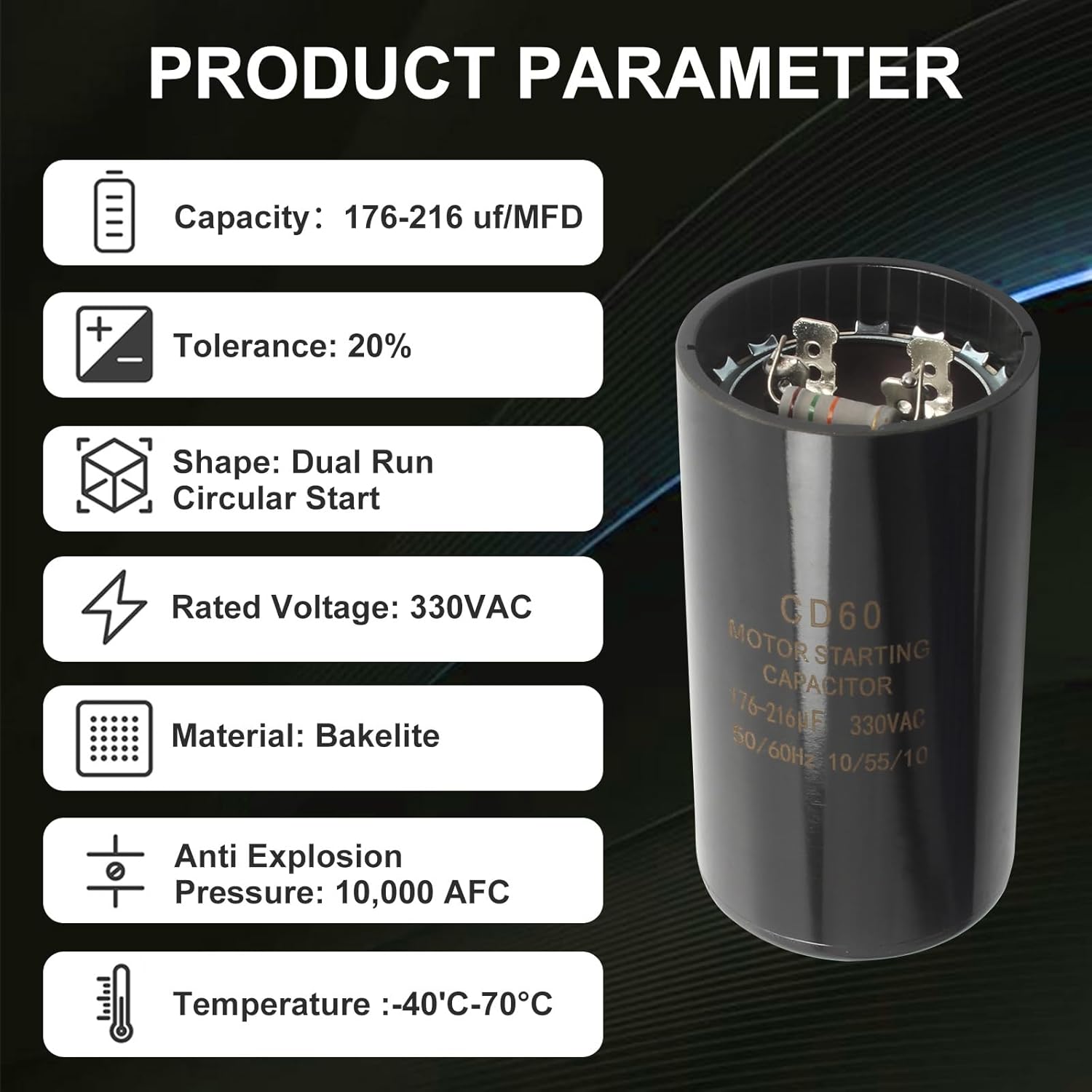 2025 Upgrade CPT00320 Capacitor Dual Run Circular Start with Resistance Wire for Trane 176-216 MFD uF 330 Volt Capacitor, Specific Fit for American Standard Units, Heat Pump and HVAC Systems