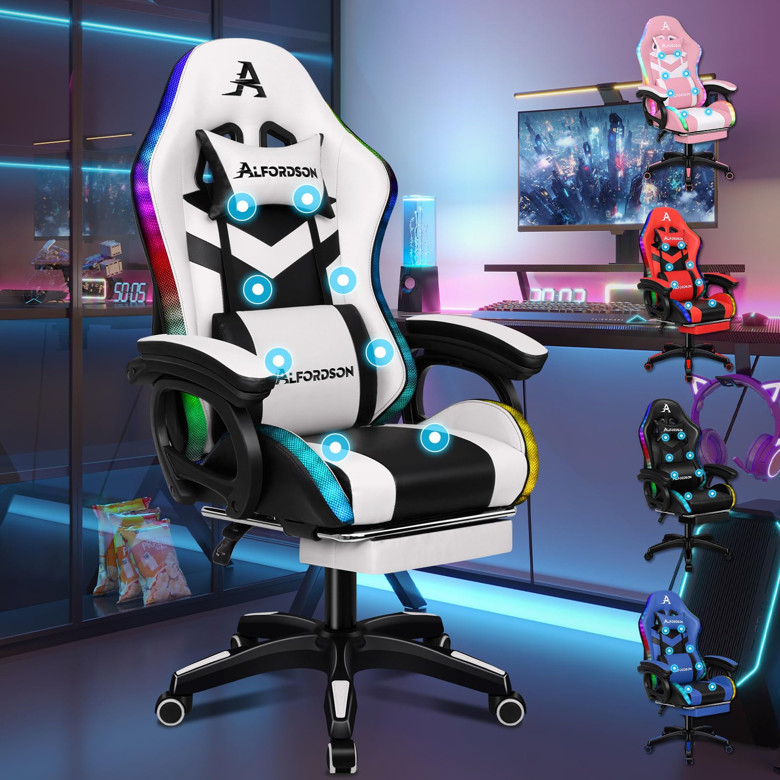 ALFORDSON Silla Gaming Racing, Silla Gamer Masaje con Iluminación RGB de 12 LED de Color, Sillón Ergonómico con Soporte Lumbar, Tumbona con Reposapiés, Cuero PU, Blanca