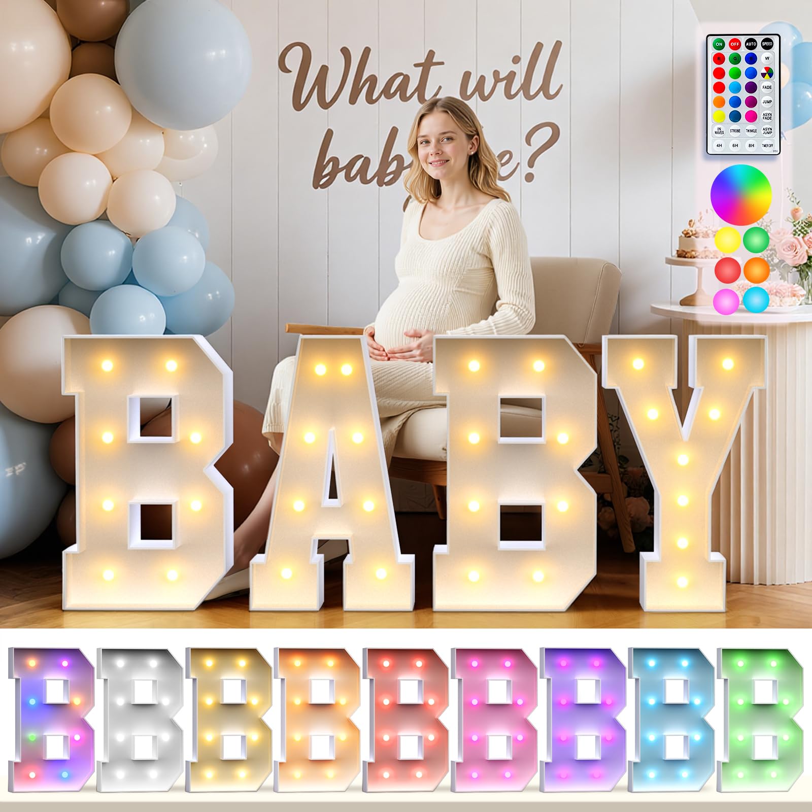 BABY Letters Baby Shower Decorations: 18 Colors Marquee Light-up Letter 2.3FT Big Oh Baby Sign for Gender Reveal Boys and Girls Party Decor Backdrop Block Boxes