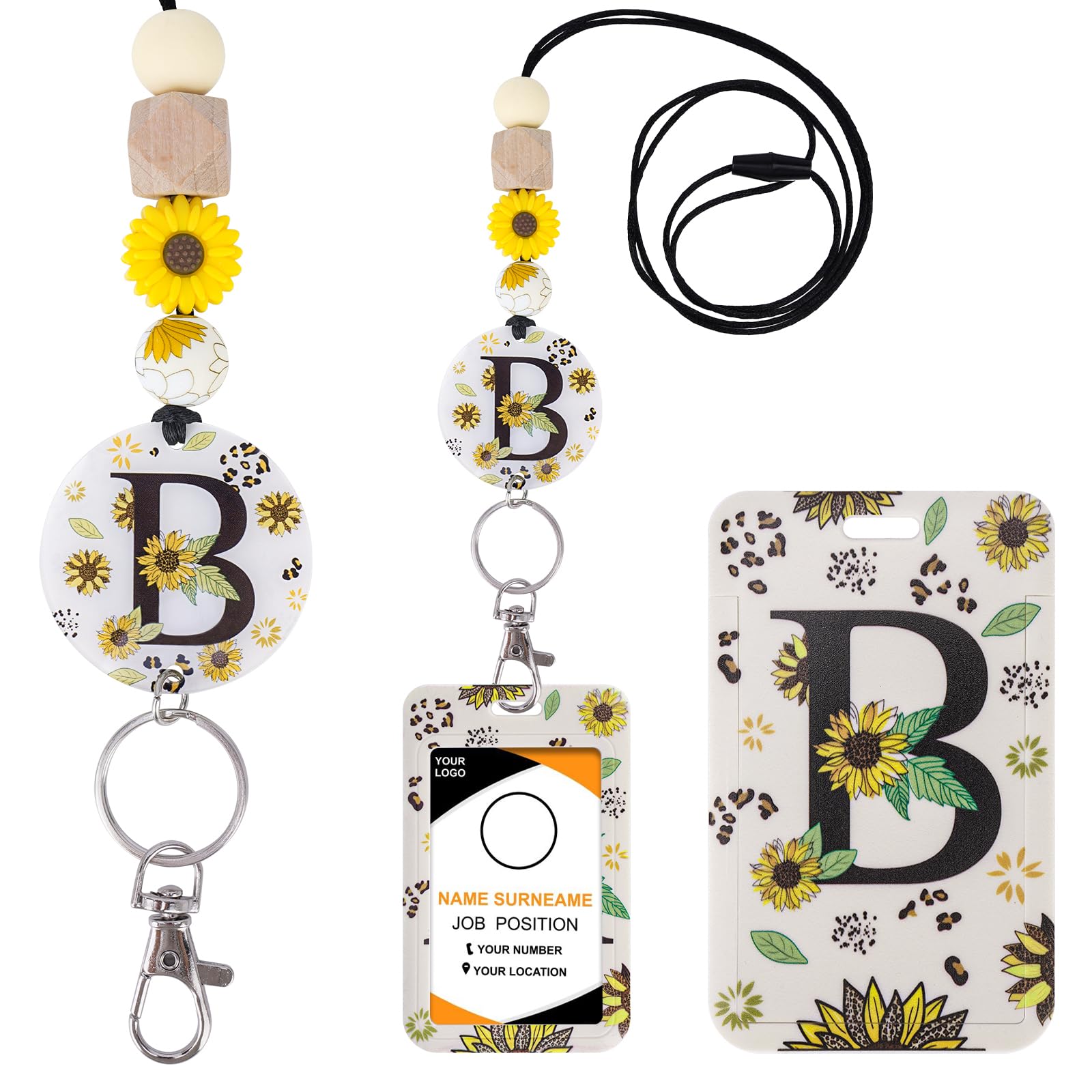 Letter J Lanyards For ID Badges, Sunflower ID Badge Holder With Lanyard Retractable Badge Holder/Reel Lanyard, Teacher Student Office Gifts