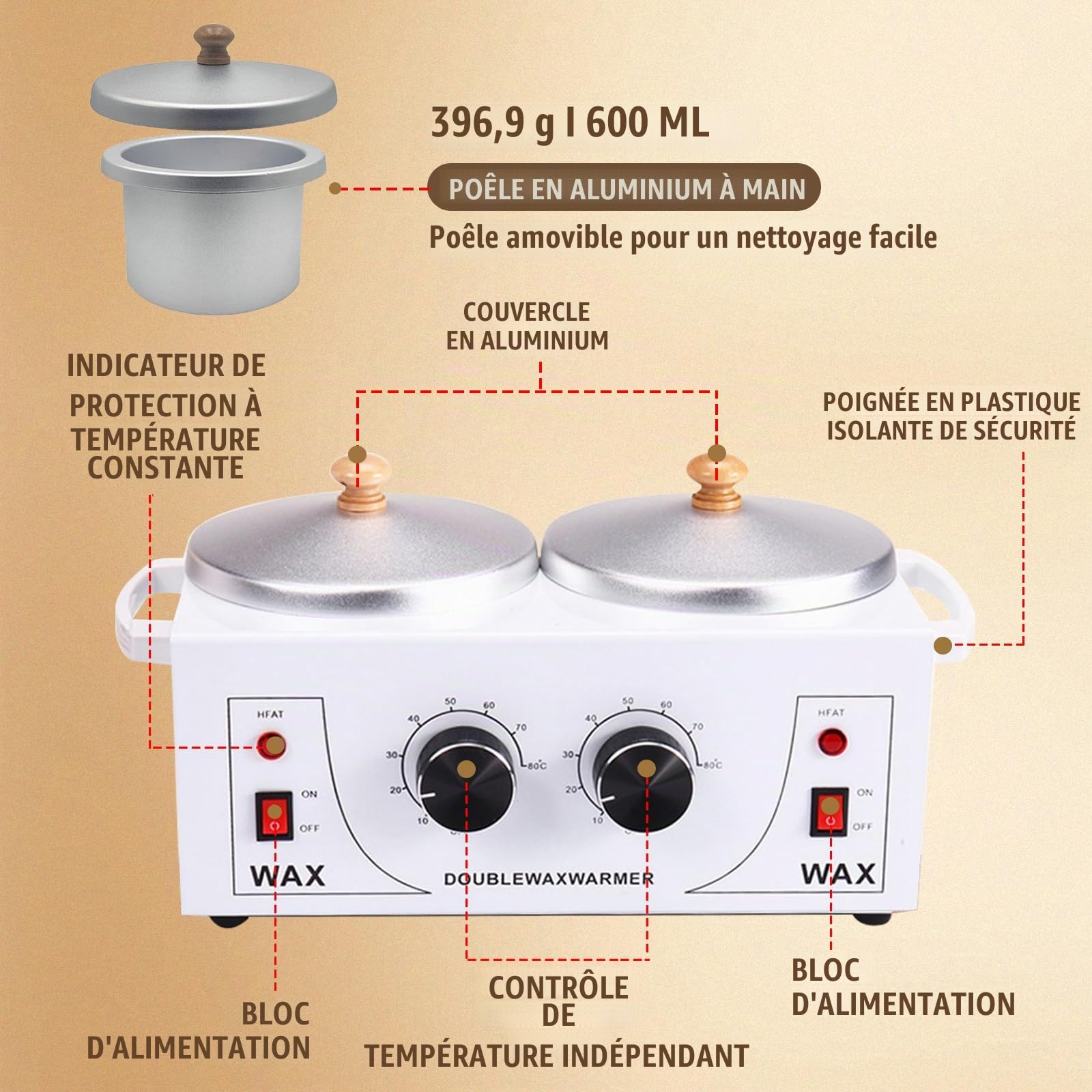 200w 1,000ml PoêLe Double Chauffe Cire Epilation Professionnelle, Muet Machine A Cire Epilation, Appareil Cire Epilation, Roll On Cire Epilation pour Tous Les Types De Cheveux