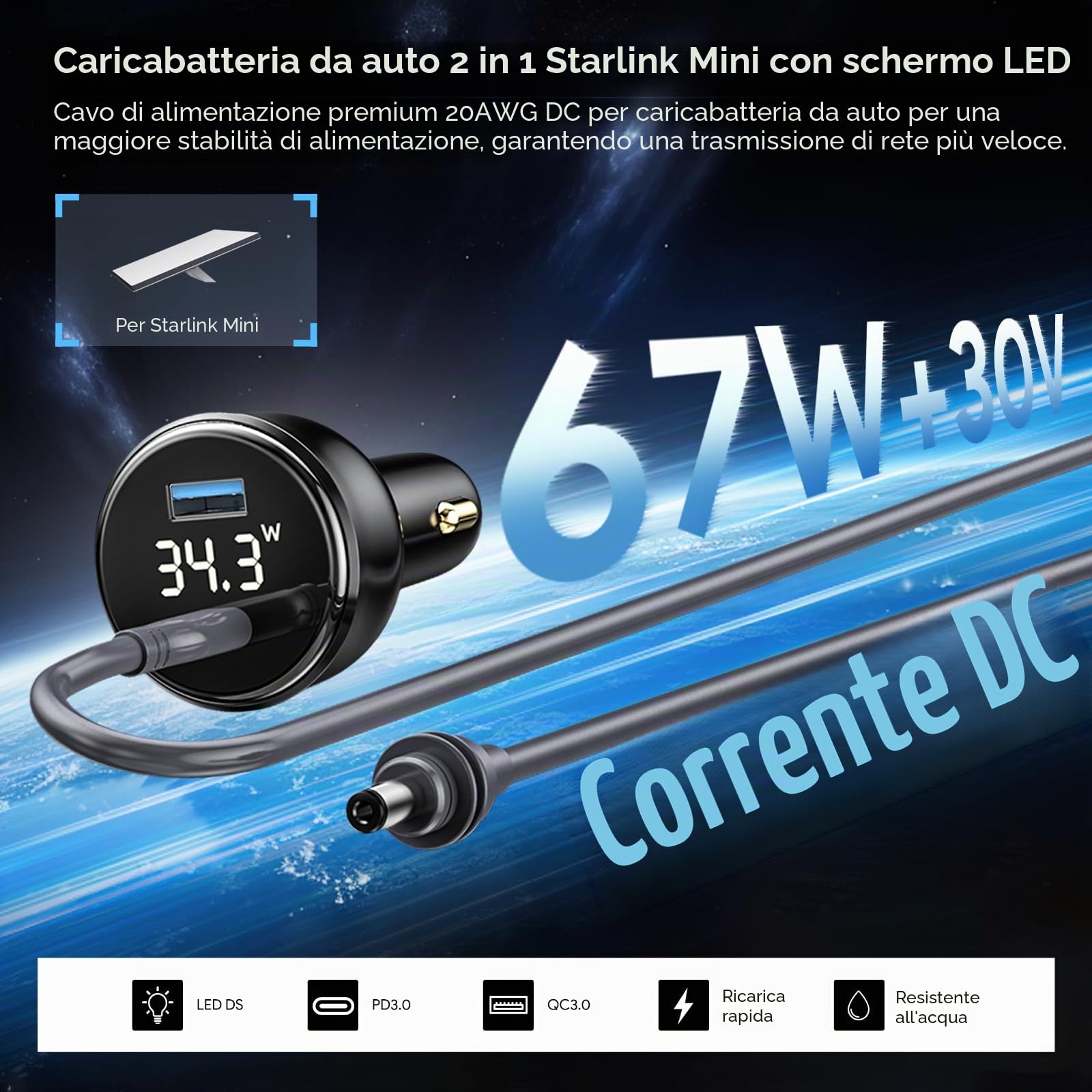 XLTTYWL Starlink Mini Adattatore 12V, Convertitore Booster DC a DC 144W, da 12V a 48V 3A Alimentatore Star link Mini con Cavo DC 5 x 2,1 mm per Mini Star link Dishy(3 m/10 piedi)