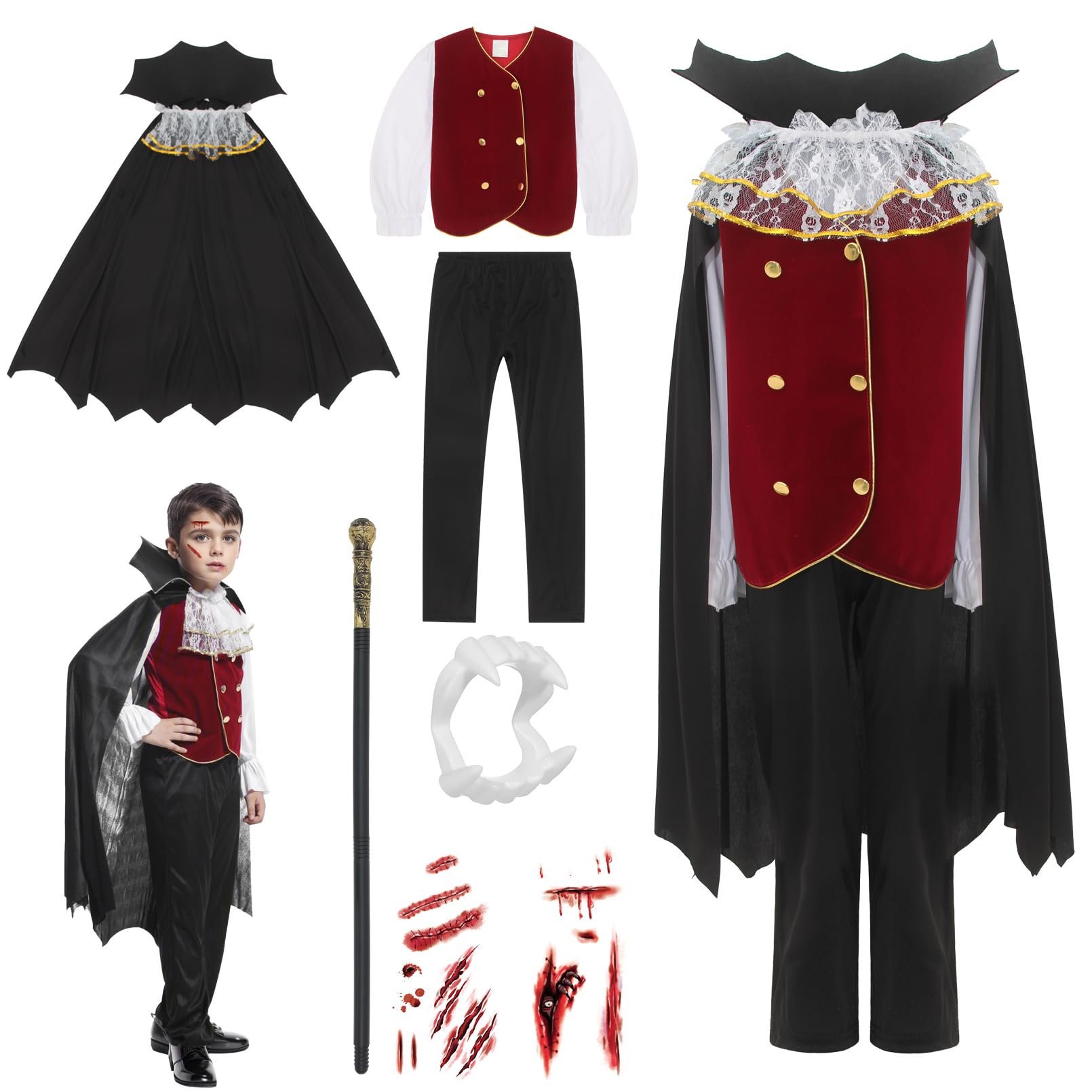 GEMVIE Costume da vampiro 4-12 Anni per bambini e ragazzi Dracula Twilight Costume di Travestimento Royal Halloween Carnevale Mantello Vampiro Cosplay Nero