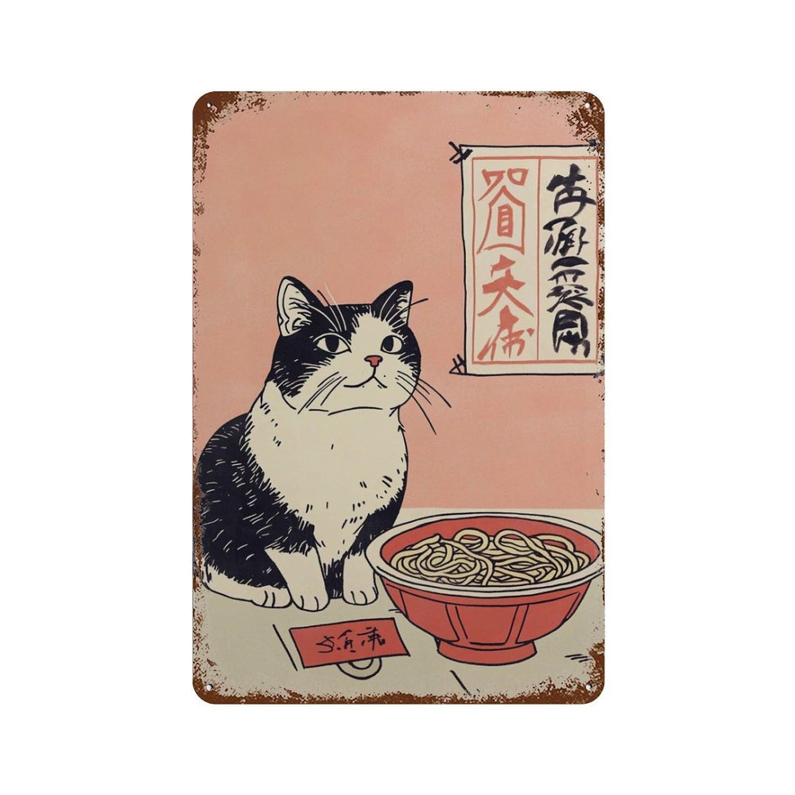 xiaoxiaoshen Japanese Cat Ramen Bowl Cute Black And White Asian Kitchen Wall Decor Art Metal Tin Poster Modern Home Decor Art Home Bar Shop Decorations Vintage Sign 30x20cm