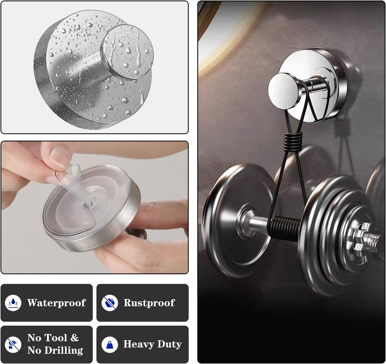 Shower Suction Cup Hooks Stainless Steel Adhesive Hooks for Bathrooms, Metal Hanging Holder for Glass Door Inside Shower, Silver Towel Hooks for Robe (4 Pack)