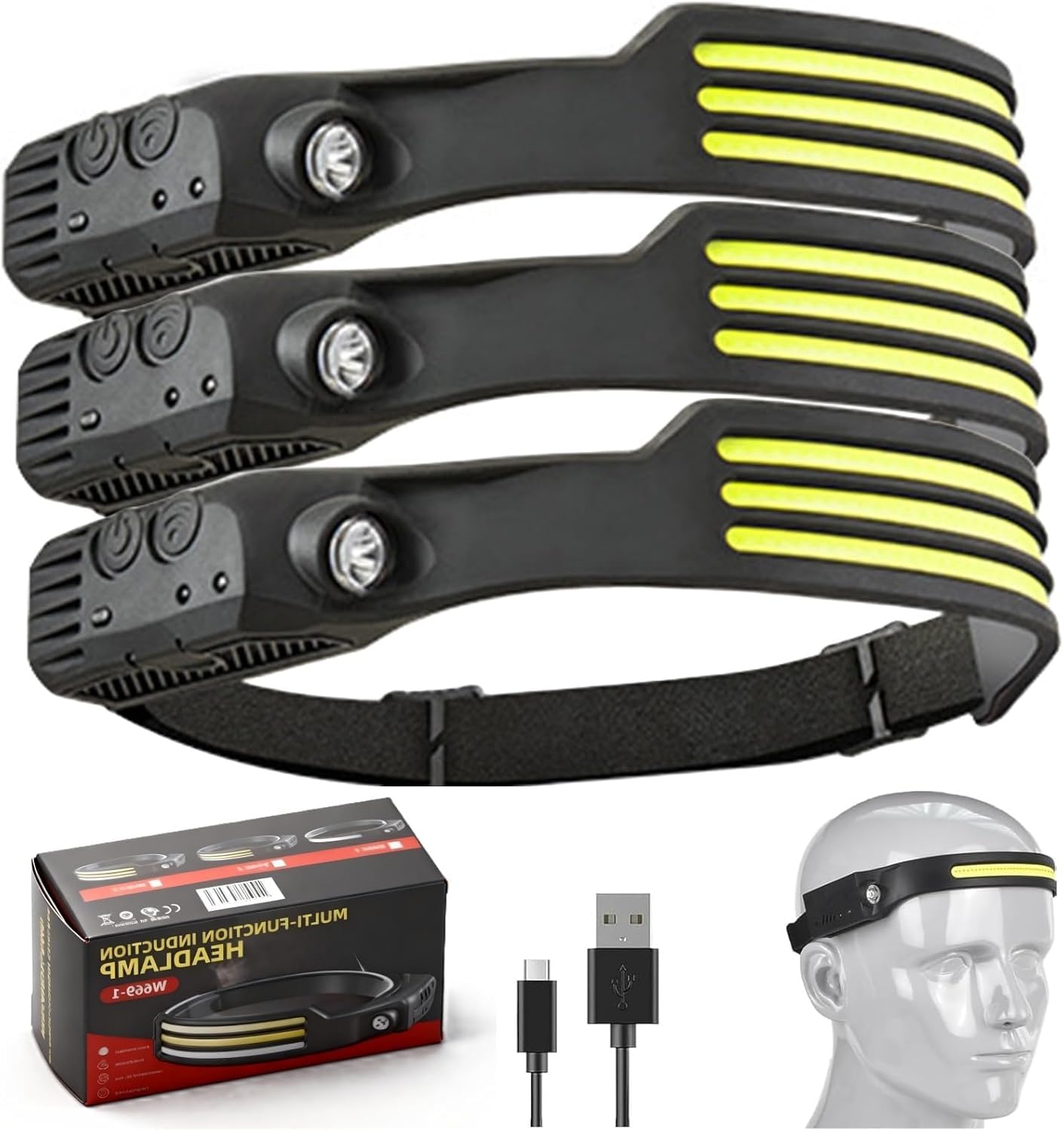 Head Torch Rechargeable, 230° Wide Beam Headtorch with Motion Sensor, 22H Long Lasting Head Torch, Waterproof LED Headlamp Rechargeable for Running Camping Fishing (3, 3 Front LED Lichtleiste)