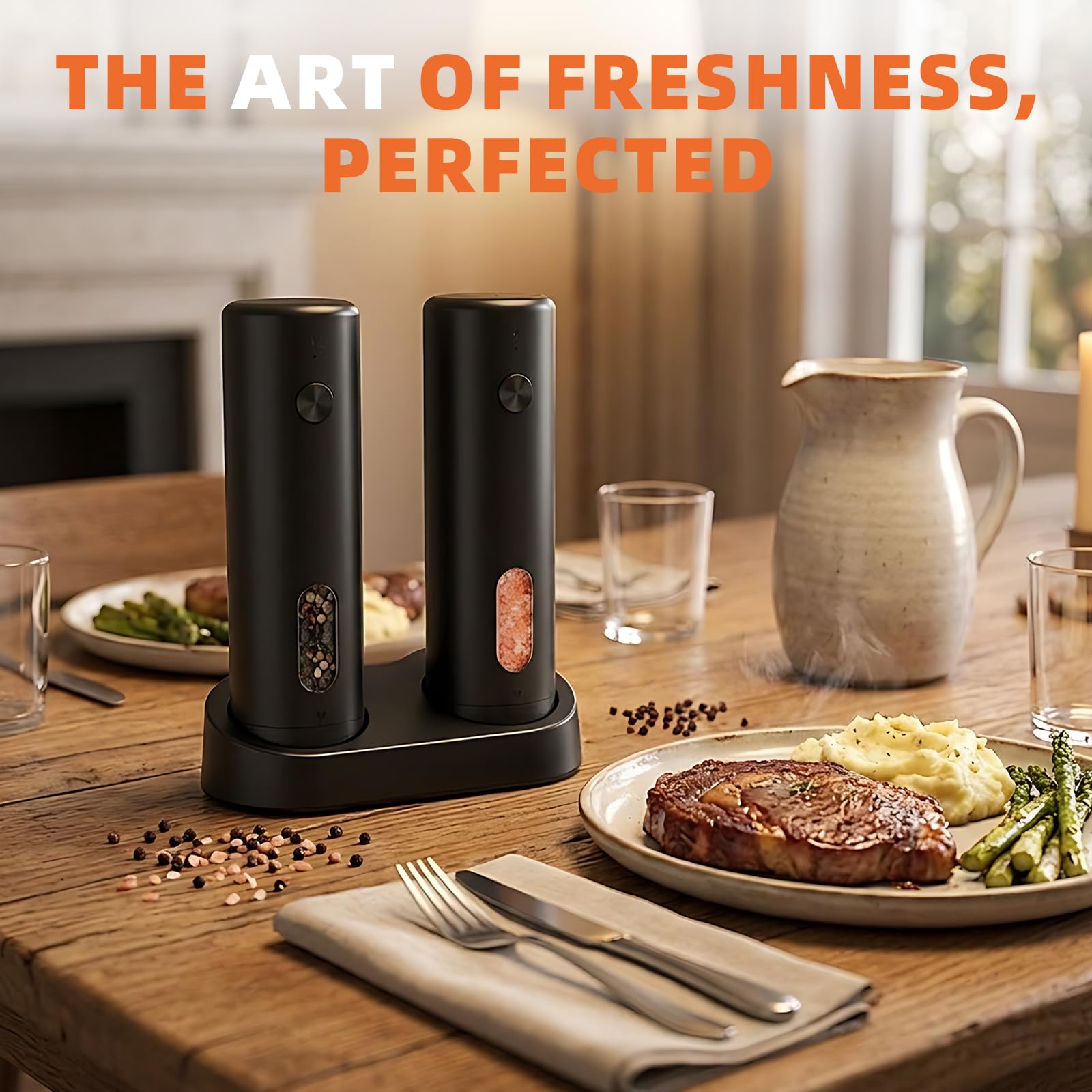 Molinillo Pimienta Eléctrico Set con Estación de Carga, Saleros de Cocina, Capacidad de 110ml, Molinillo de Sal Recargable con 5 Niveles de Ajuste, Molinillo de Cerámica con Cepillo