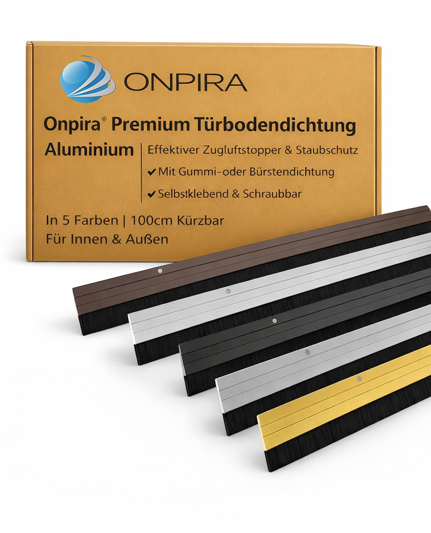 Onpira® Premium Türbodendichtung Aluminium | Effektiver Zugluftstopper & Staubschutz | Mit Gummi- oder Bürstendichtung | Selbstklebend & Schraubbar | In 5 Farben | 100cm Kürzbar | Für Innen & Außen