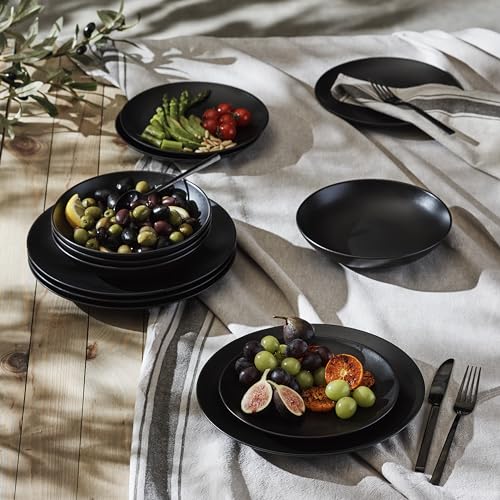 Image of Porto by Stone Lain Semplice 12-Piece Premium Kitchen & Dining Dinnerware Set Stoneware, Black Matte, Crafted in Portugal, Dishwasher and Microwave Safe Scratch-Resistant Dish Set for 4
