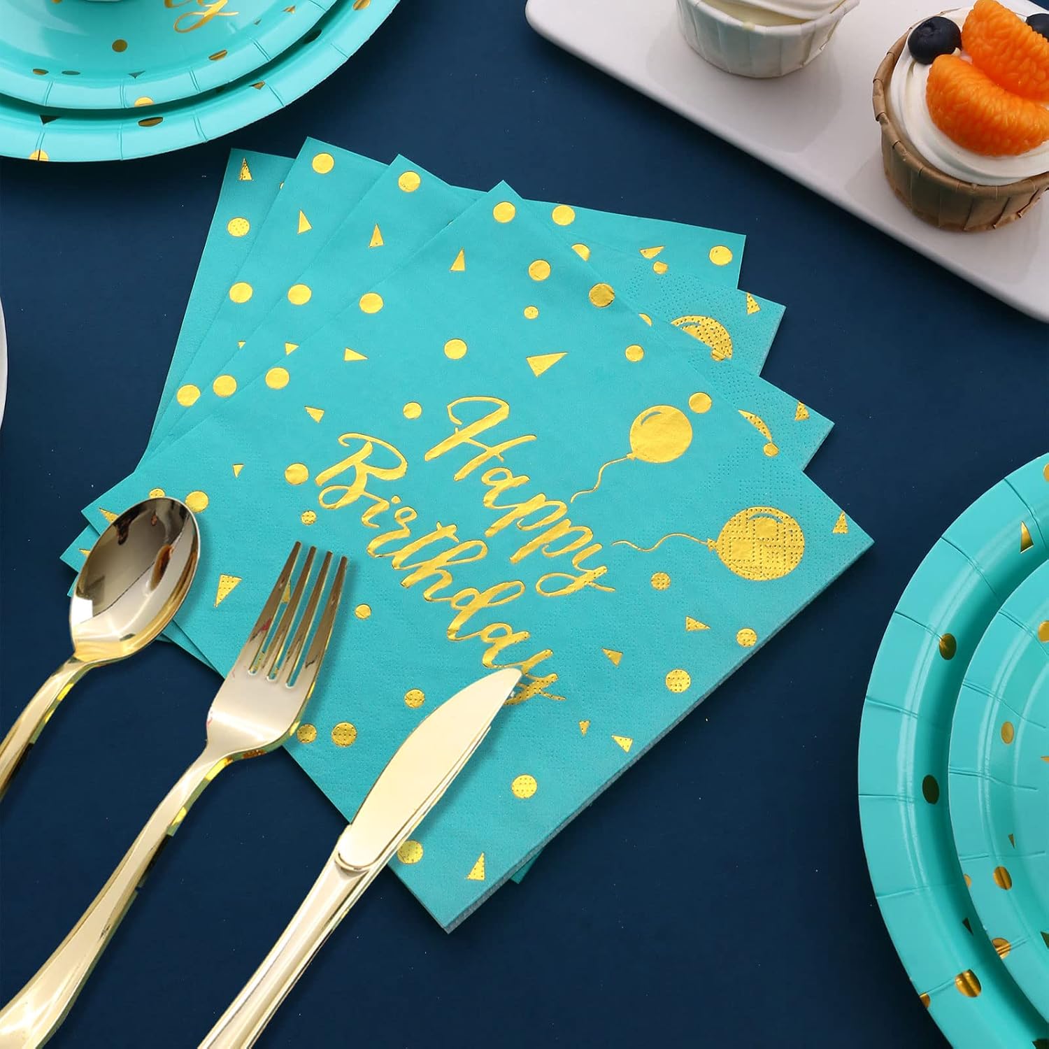 175PCS Teal and Gold Birthday Decorations, Teal Birthday Supplies Includes Disposable Paper Plates and Napkins, Cups, and Gold Plastic Sliverware for Party, Baby Shower, Serves 25