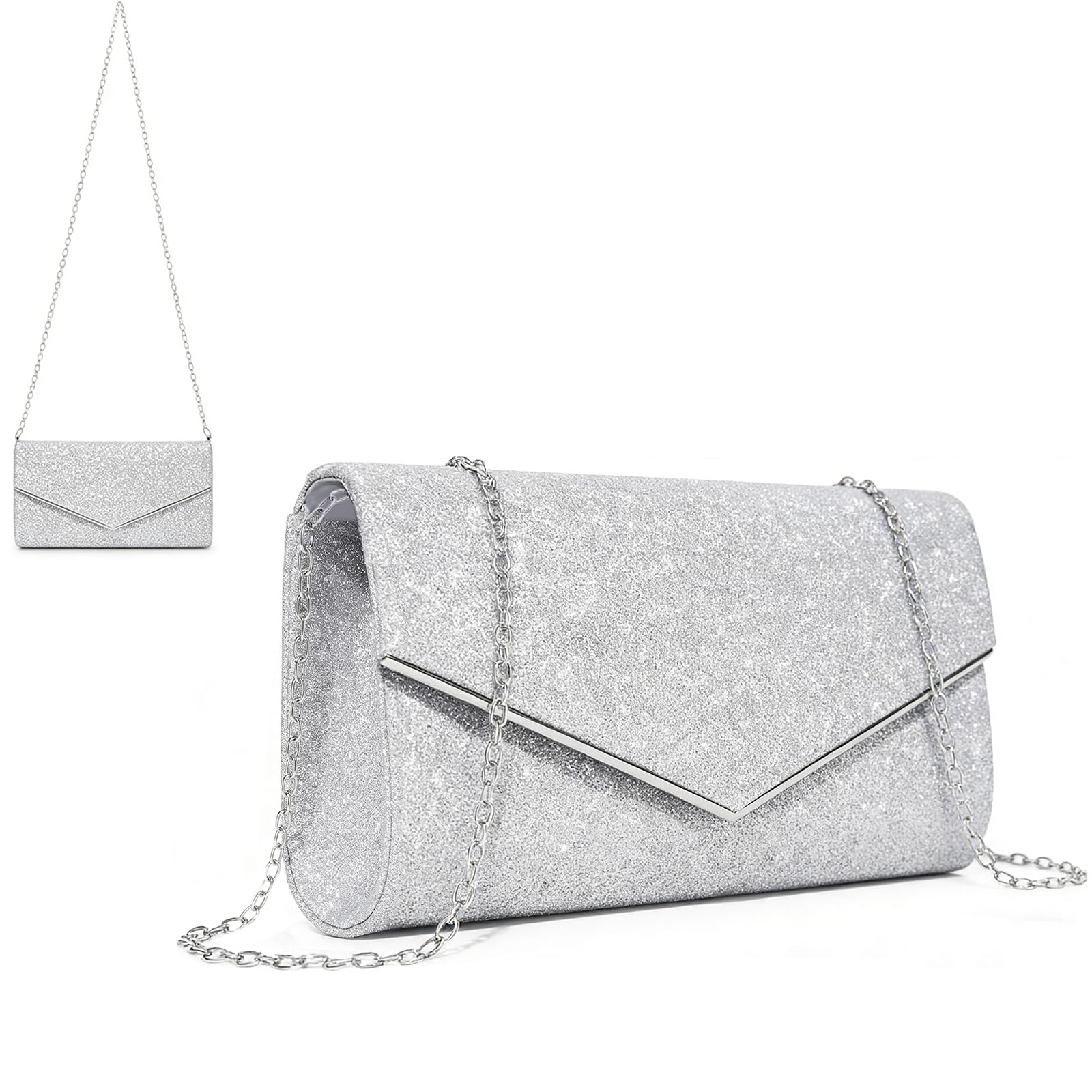 Clutch Silber, Abendtasche Damen, Tasche Silber, Tasche Damen - Shiny Fabric, Reinforced Chain, Large Space, Card Storage, Suitable for Banquets and Weddings, A Great Gift for Female Friends
