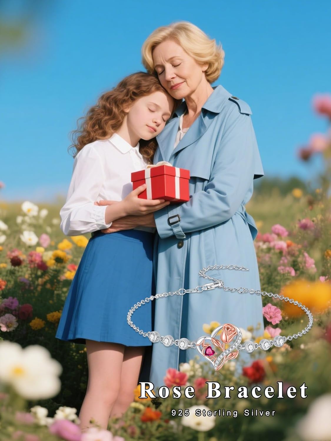 Mom Birthstone Charm Link Bracelet 925 Sterling Silver Rose Heart Mom Bracelet with 12 Months Birthstone Mother's Day Gift Jewelry Gifts for Women,Chain Length 7"+2" Extend - Image 3