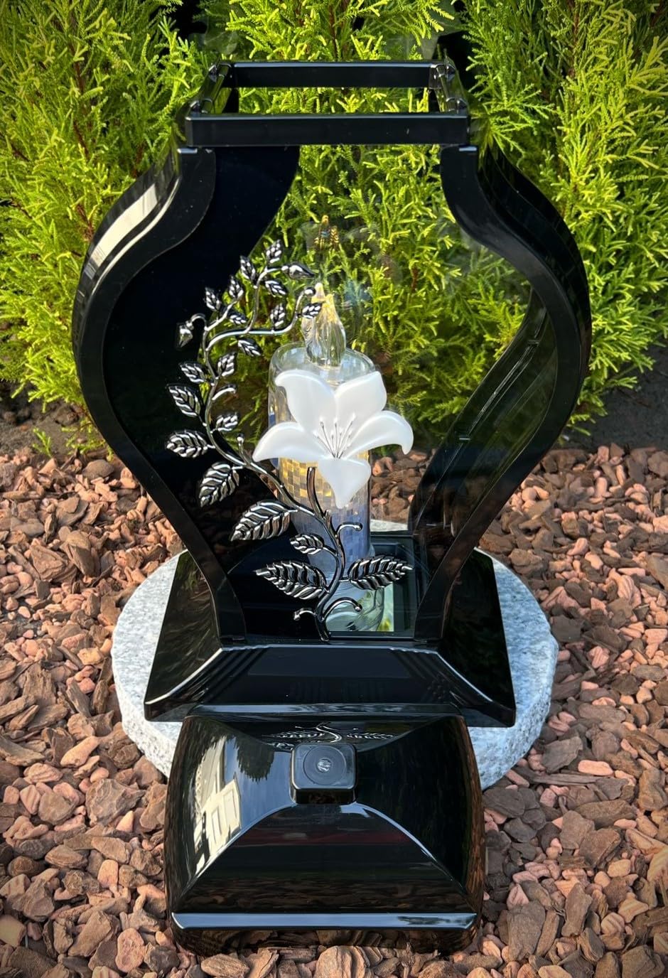 Lampe funéraire AURUM - Lanterne funéraire avec motif de fleurs - 35 cm H. - Bougie pour tombe - Décoration funéraire avec bougie (sans socle)