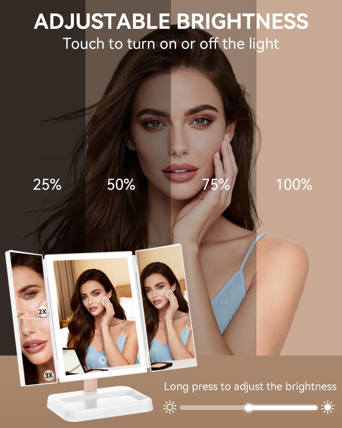 Vanity Mirror with Lights, Makeup Mirror 1X, 2X, 3X Magnification, Trifold 9" L x 14" W, Large Vanity Desk Mirror，Valentine‘s Gift for Wife, Mom, Her - Gift for Girlfriend, Women & Teens - Image 2