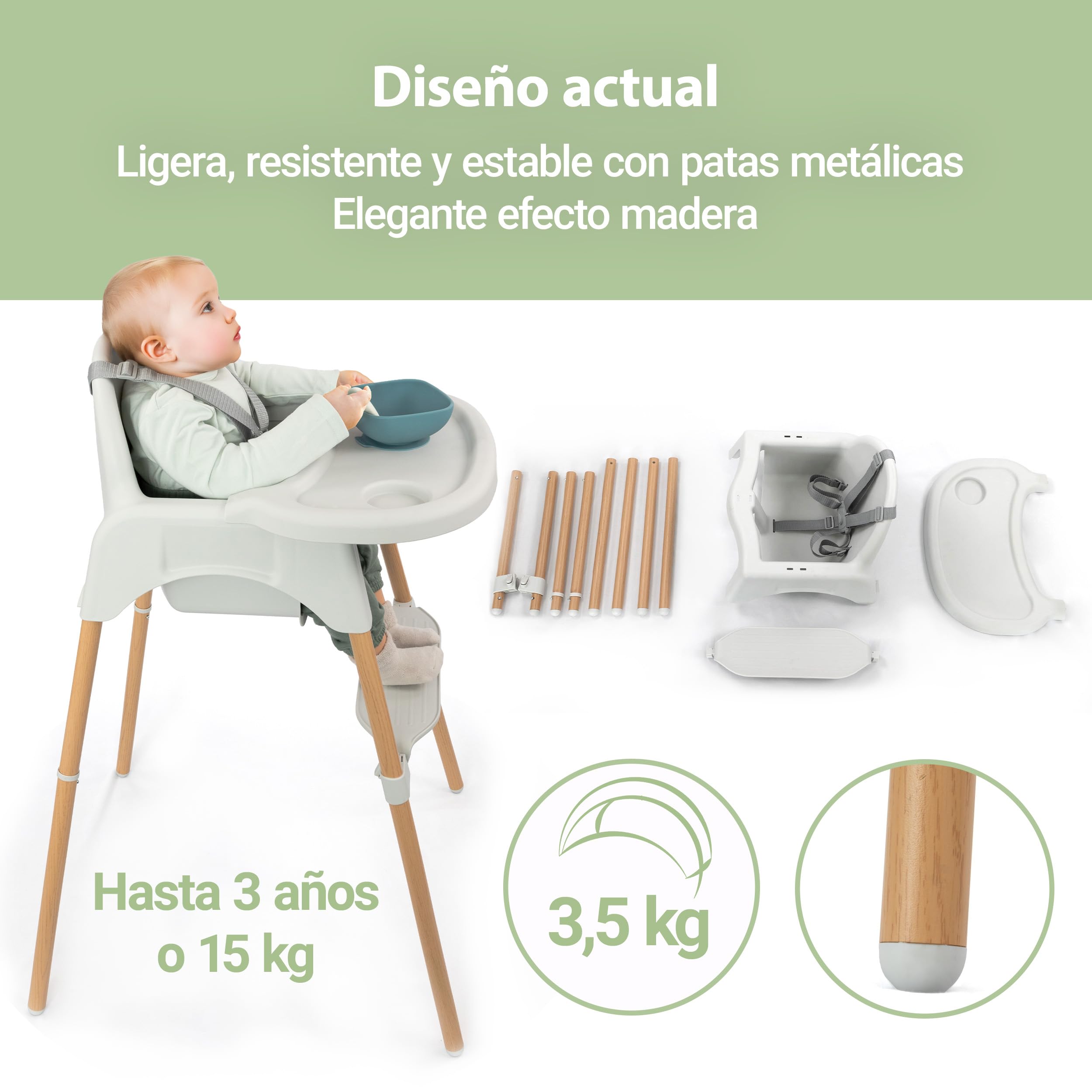 Zamboo Tronas de Bebé Ligeras desde 6 Meses 3,5 kg | Silla Alta Comedor Evolutiva con Diseño Madera - Bandeja Extraíble Grande y Arnés Seguridad 5 Puntos | Portátil - Antivuelco, hasta 15 kg – Gris