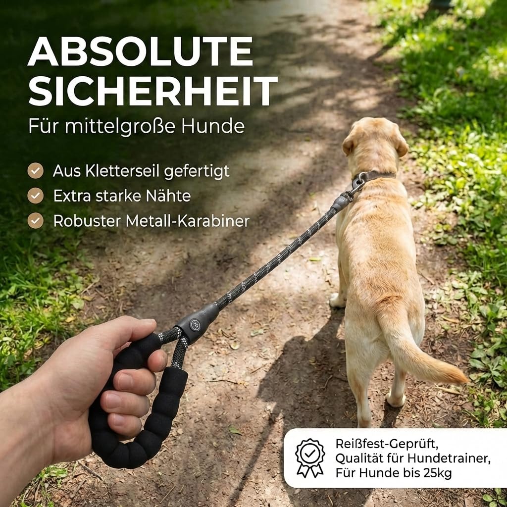 HUND IST KÖNIG Smycz dla psa, na spacery i treningu, z miękkim uchwytem i elementami odblaskowymi, idealna smycz do noszenia na co dzień dla psów o wadze 10-25 kg (True Black, 3,0 x 1,2 cm)