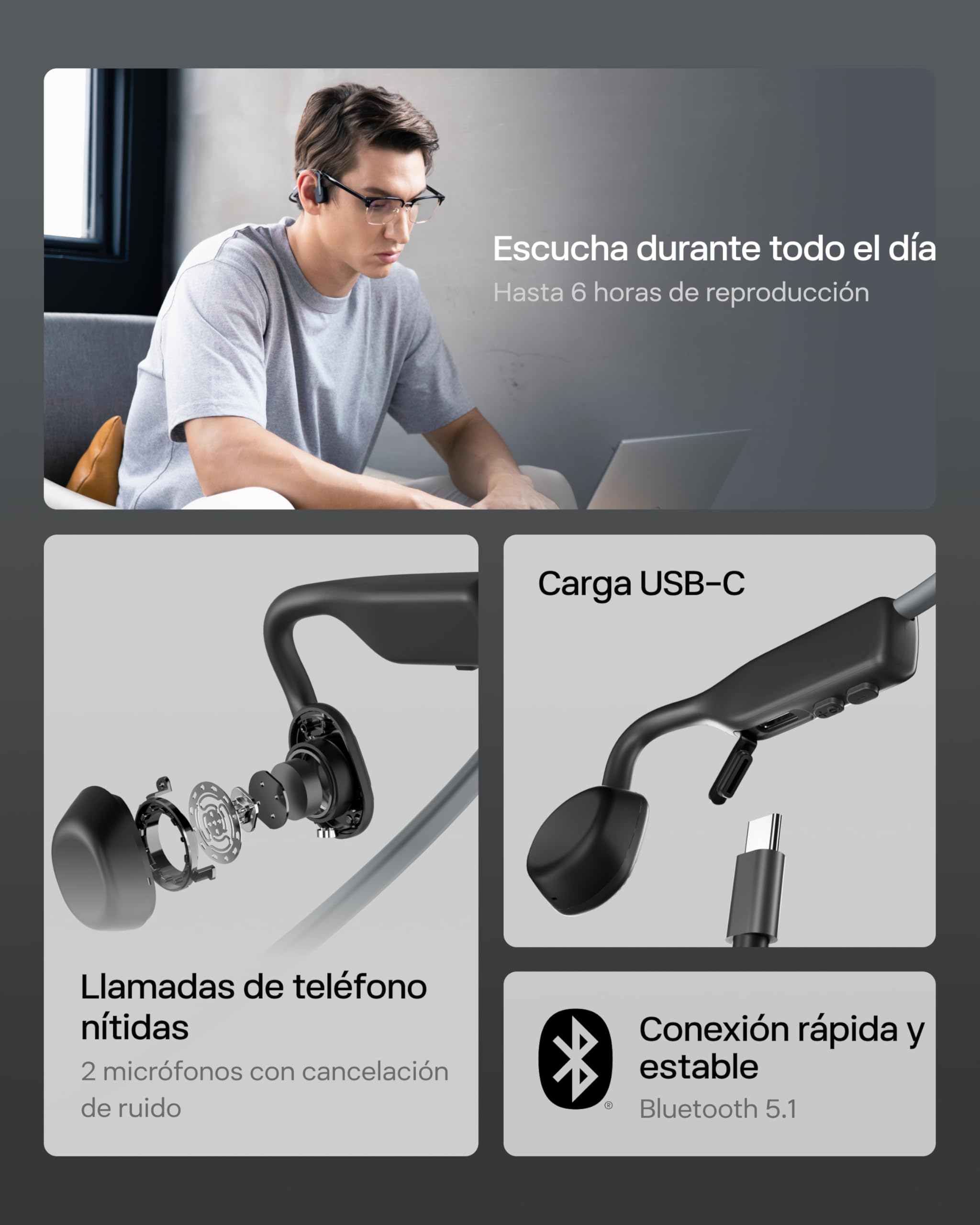 SHOKZ OpenMove Auriculares de Conducción Ósea Bluetooth 5.1, IP55, 29g, Gris