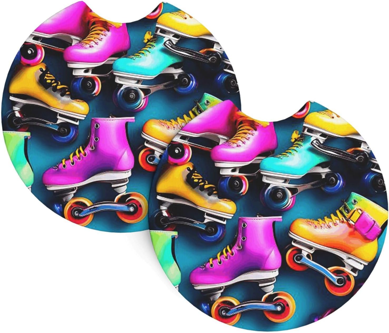 2 Pack Car Coaster for Cup Holders Colorful Roller Skates Car Cup Coaster 2.7" Neoprene Non-Slip Automotive Cup Mat Universal Auto Car Interior Accessories for Women Men Cup Pad