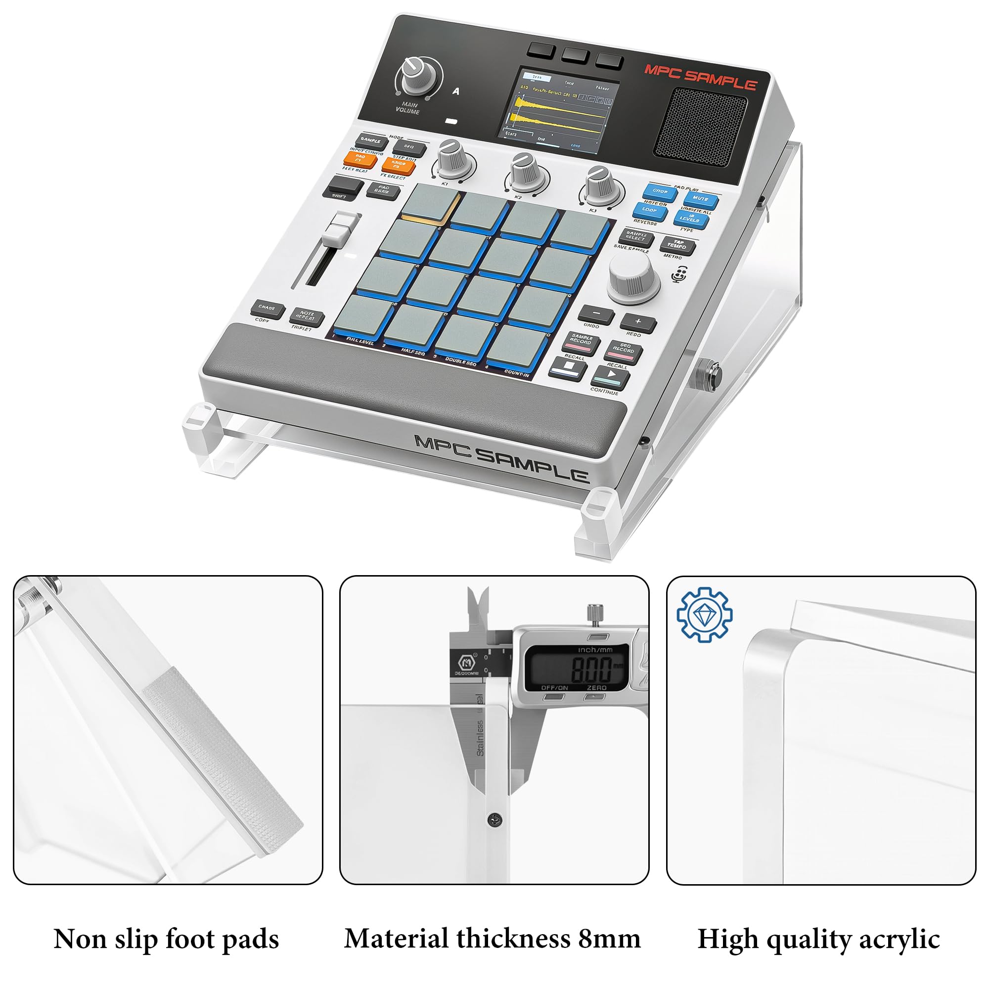 Geekria Soporte de escritorio acrílico para sampler de audio, compatible con Akai Professional MPC Sample portable groovebox, diseño ergonómico de ángulo de inclinación